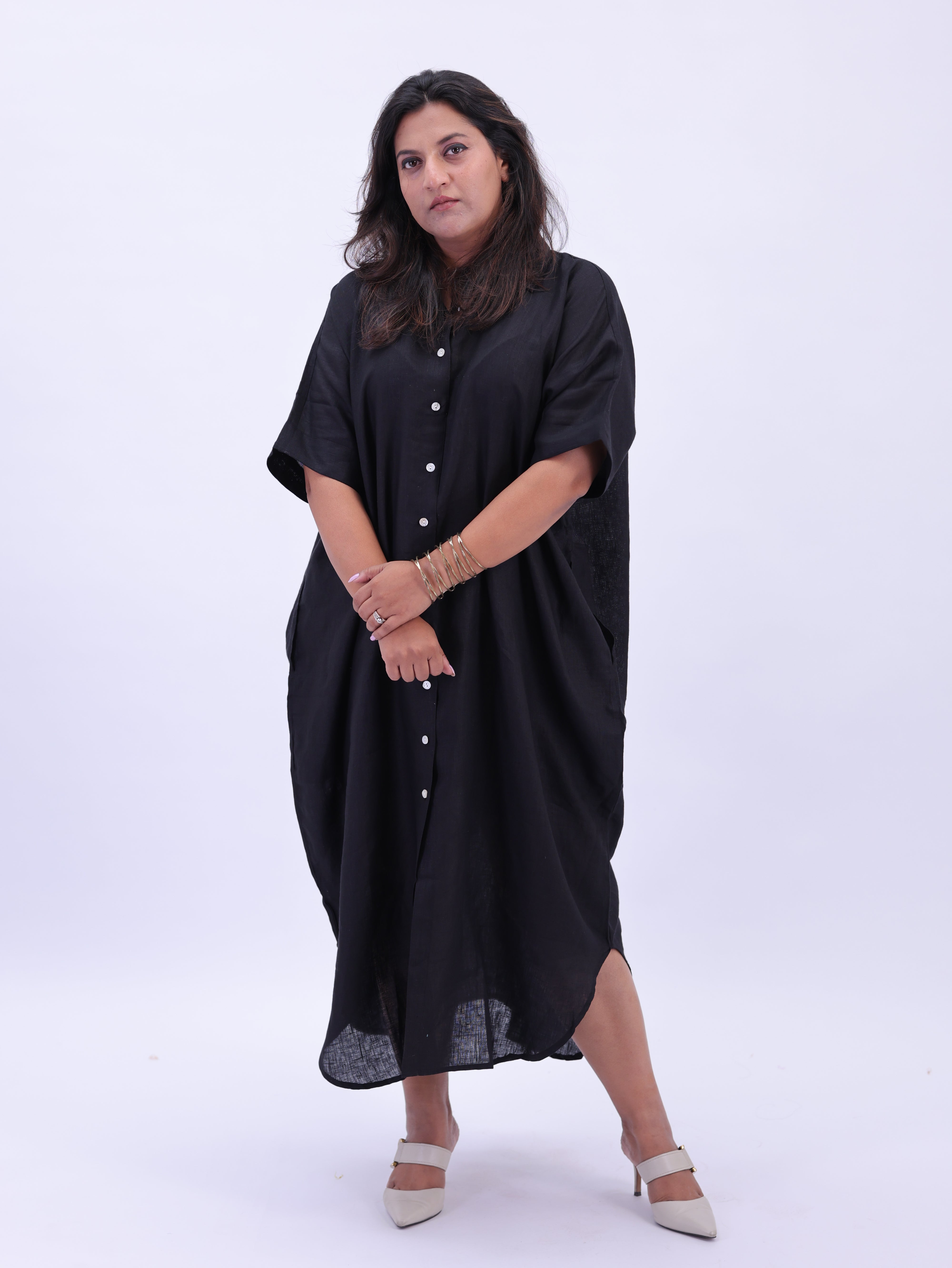 Samah Shirt Style Pure Linen Dress - Black