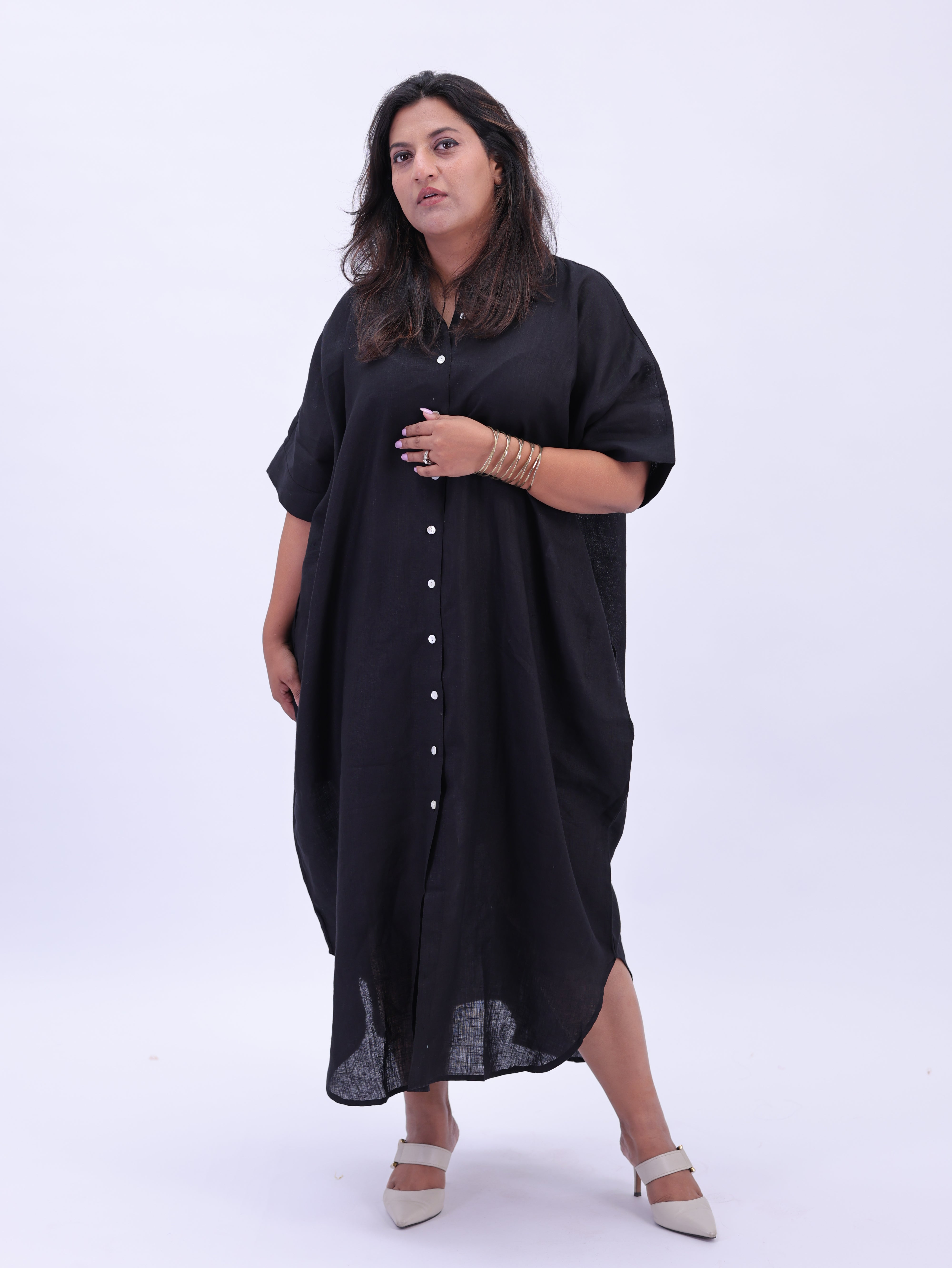 Samah Shirt Style Pure Linen Dress - Black