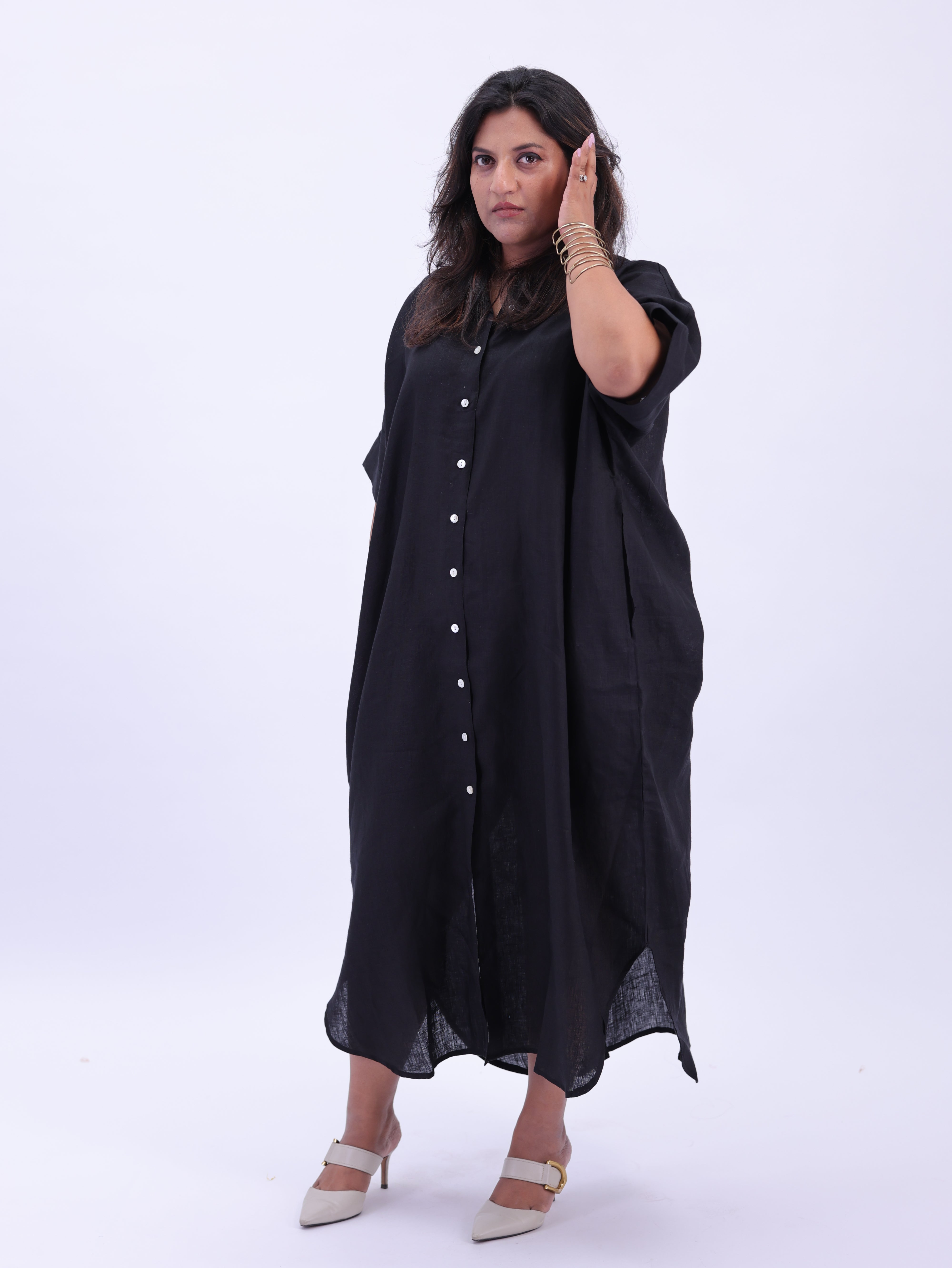 Samah Shirt Style Pure Linen Dress - Black