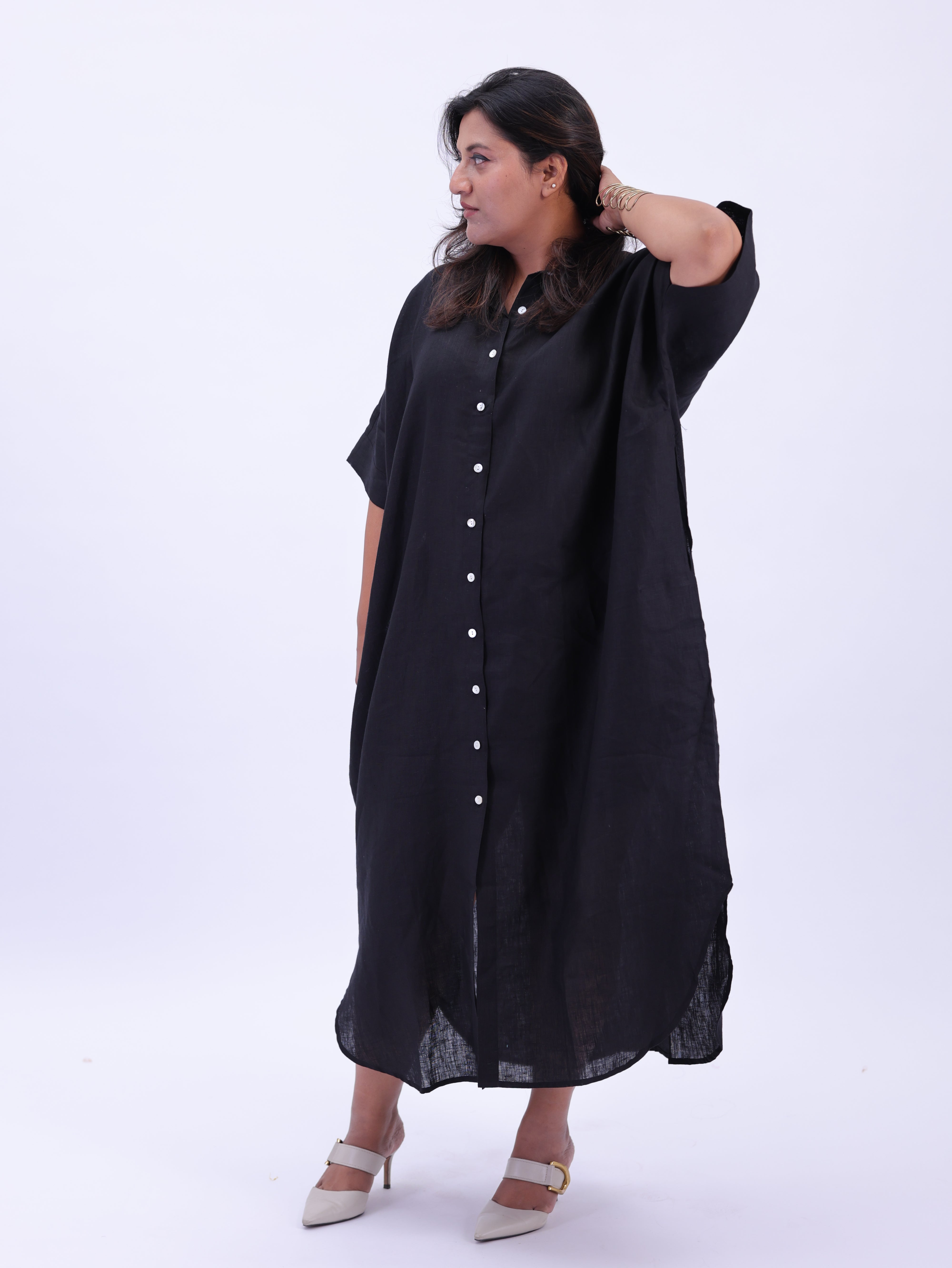 Samah Shirt Style Pure Linen Dress - Black