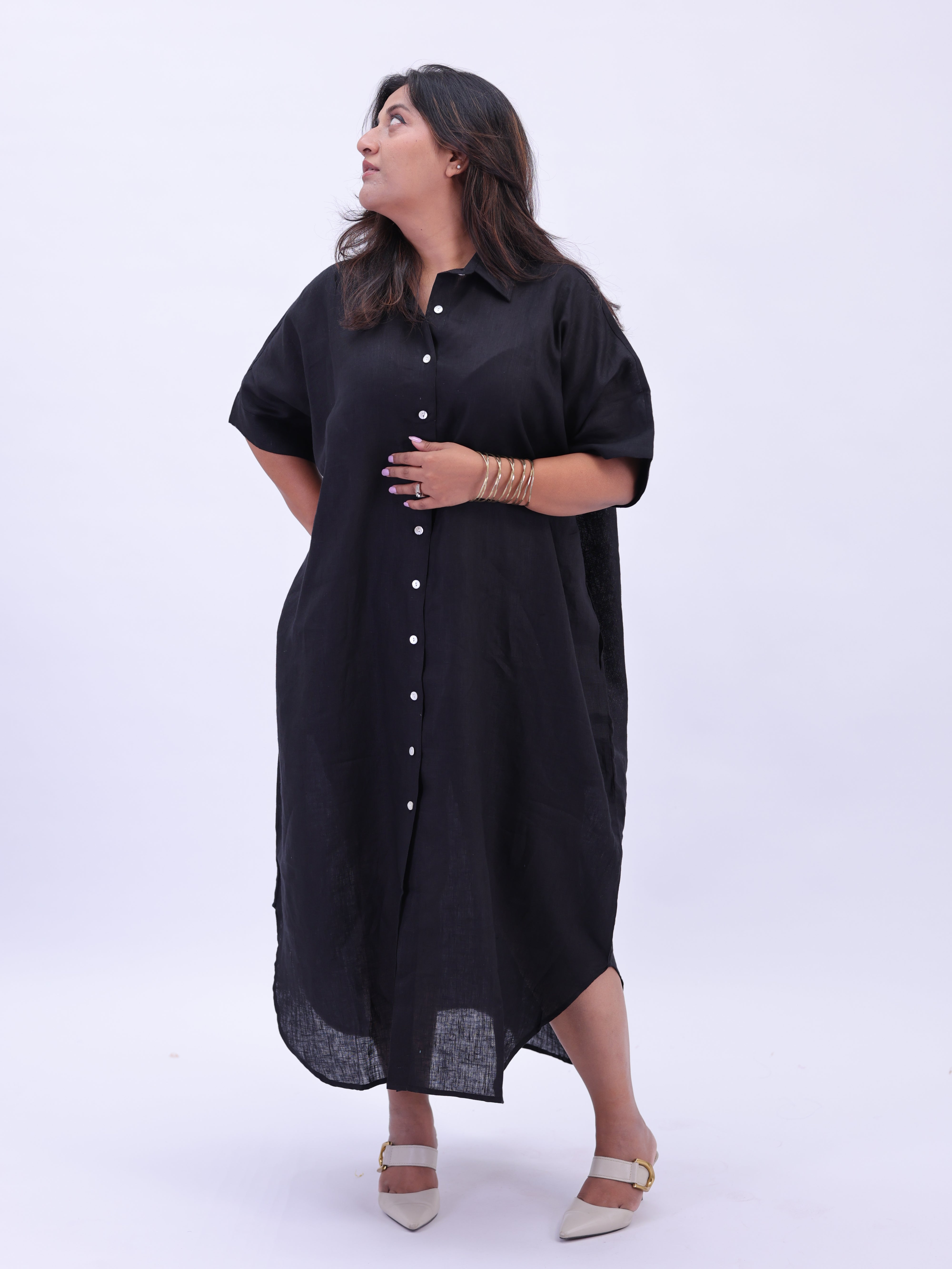 Samah Shirt Style Pure Linen Dress - Black
