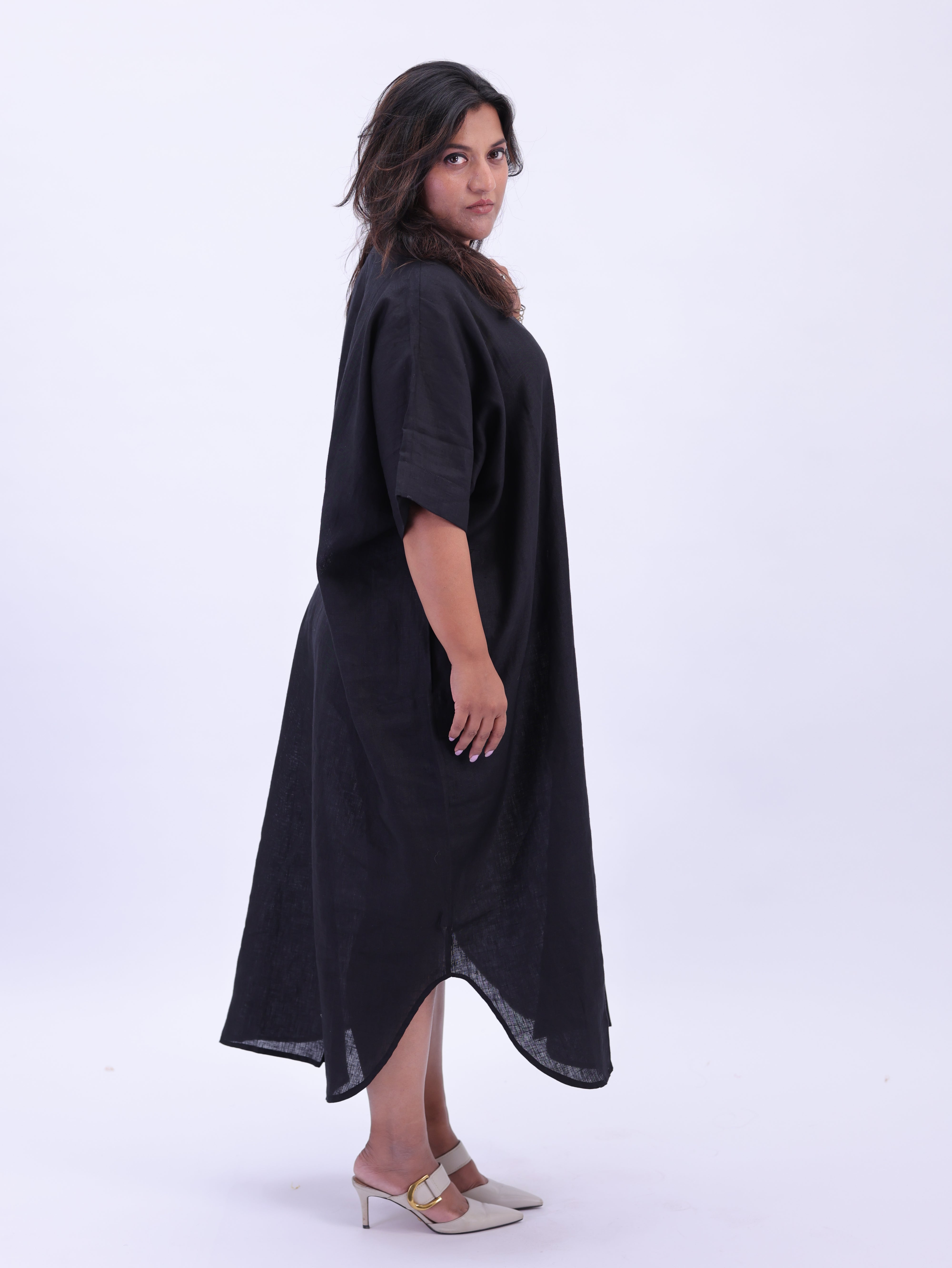 Samah Shirt Style Pure Linen Dress - Black