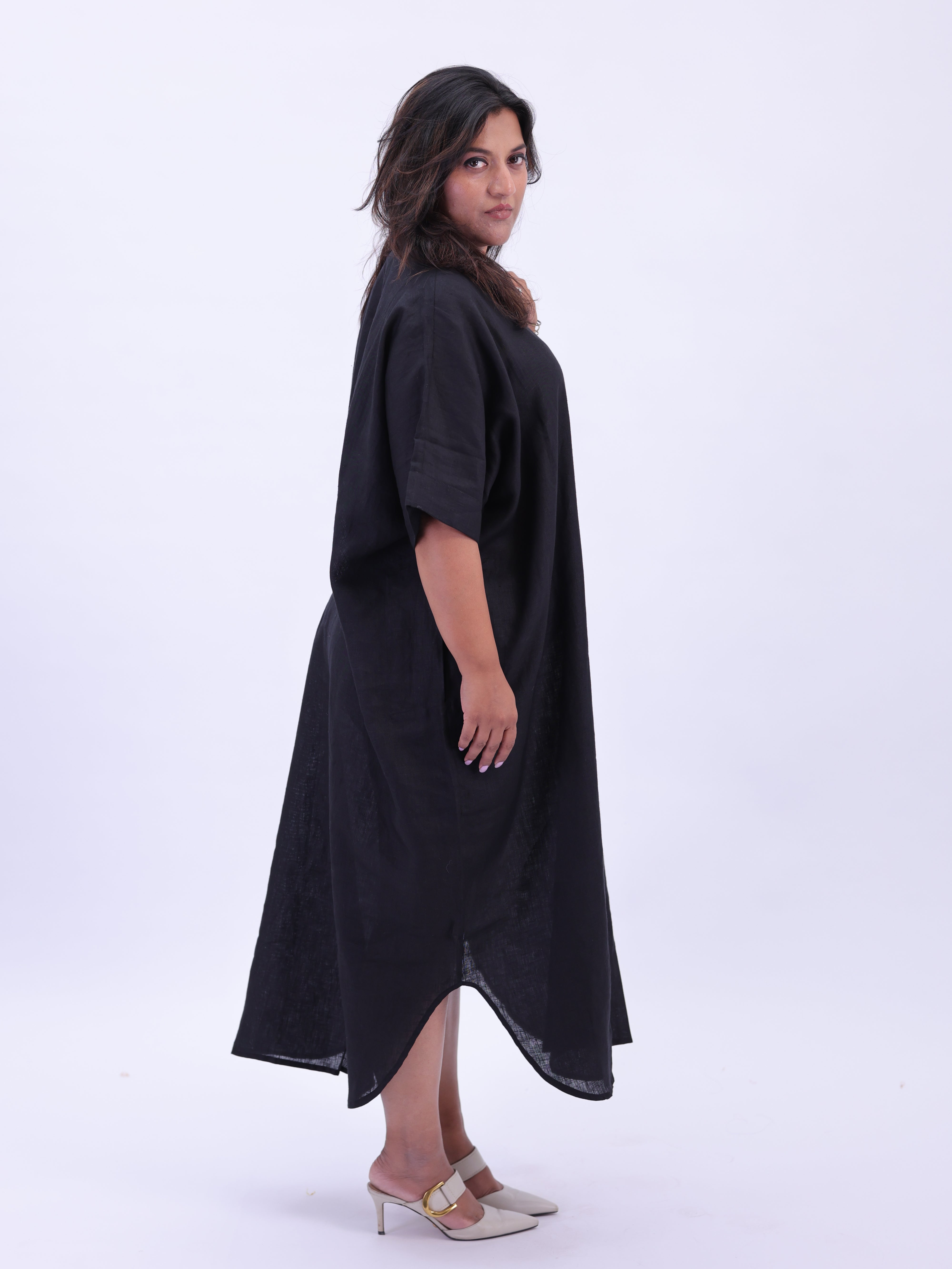 Samah Shirt Style Pure Linen Dress - Black