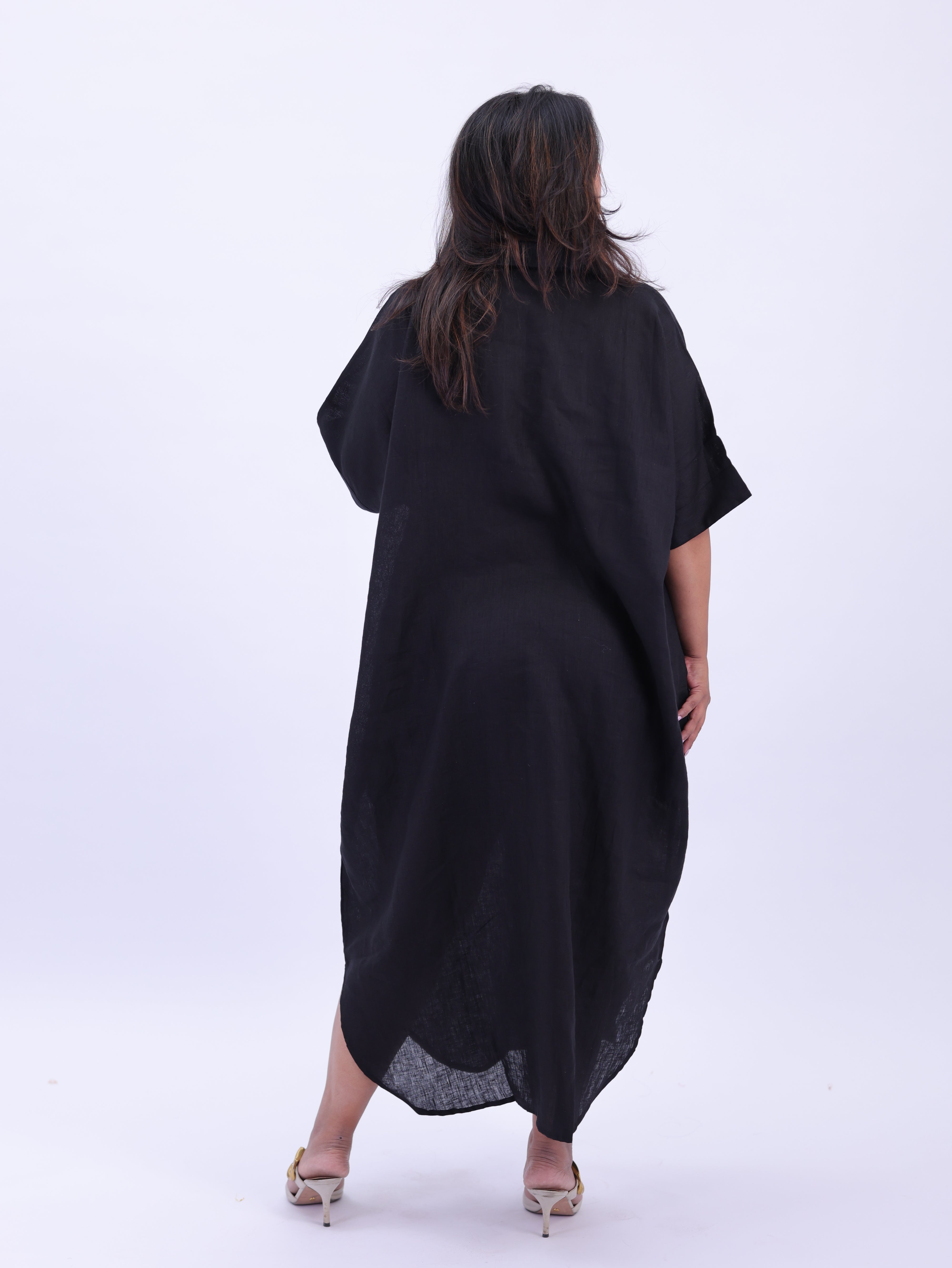Samah Shirt Style Pure Linen Dress - Black