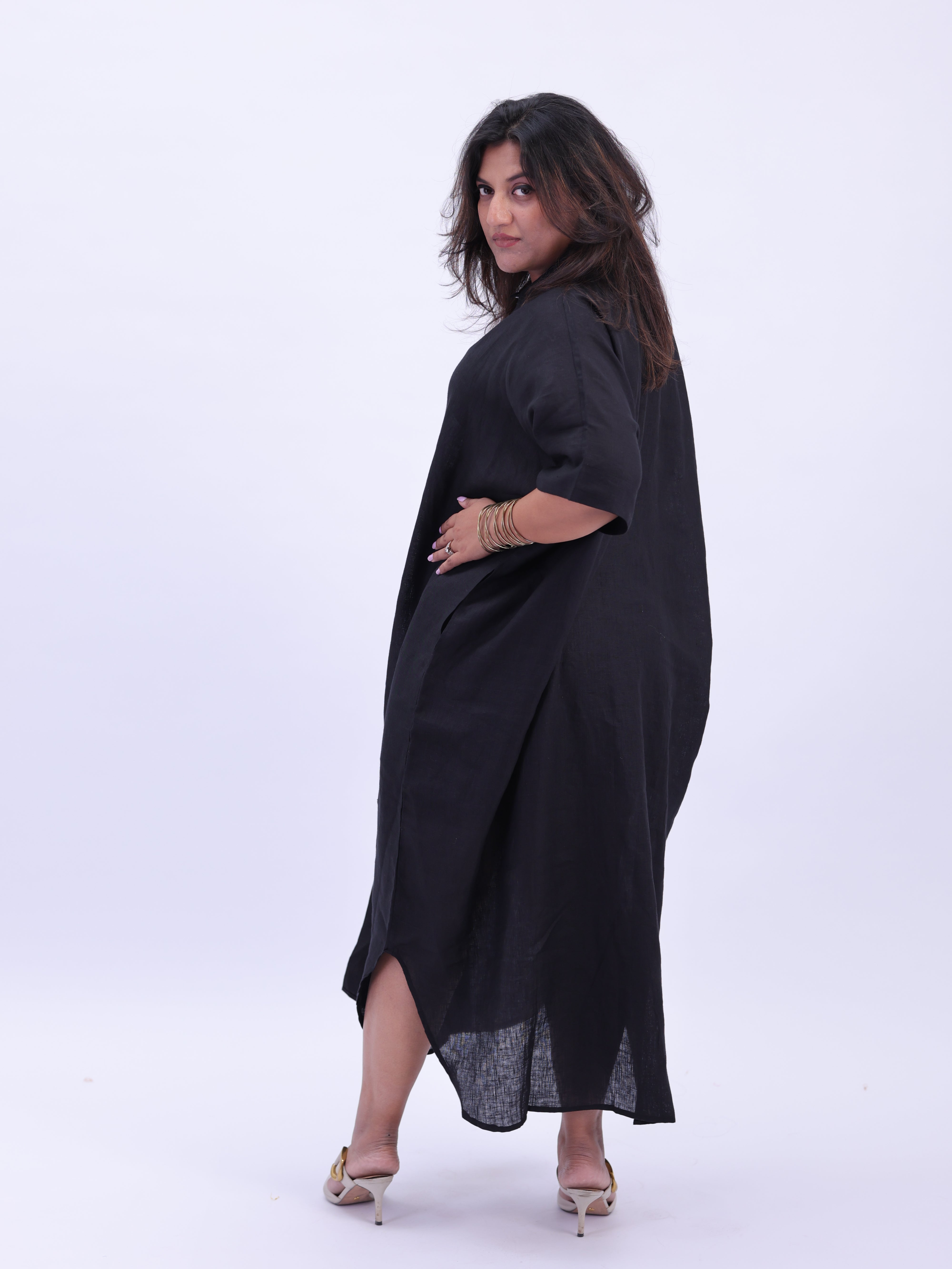 Samah Shirt Style Pure Linen Dress - Black
