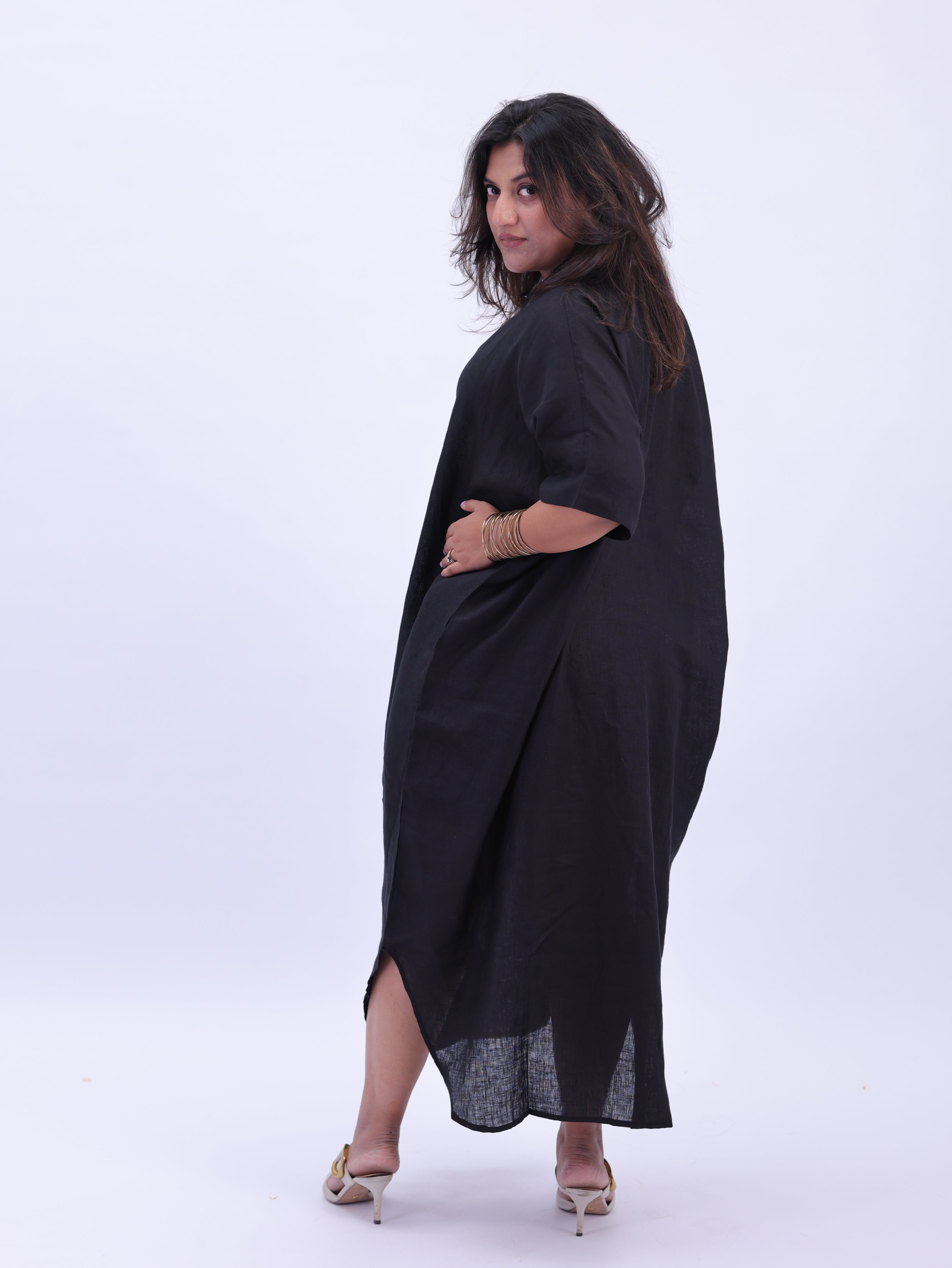 Samah Shirt Style Pure Linen Dress - Black