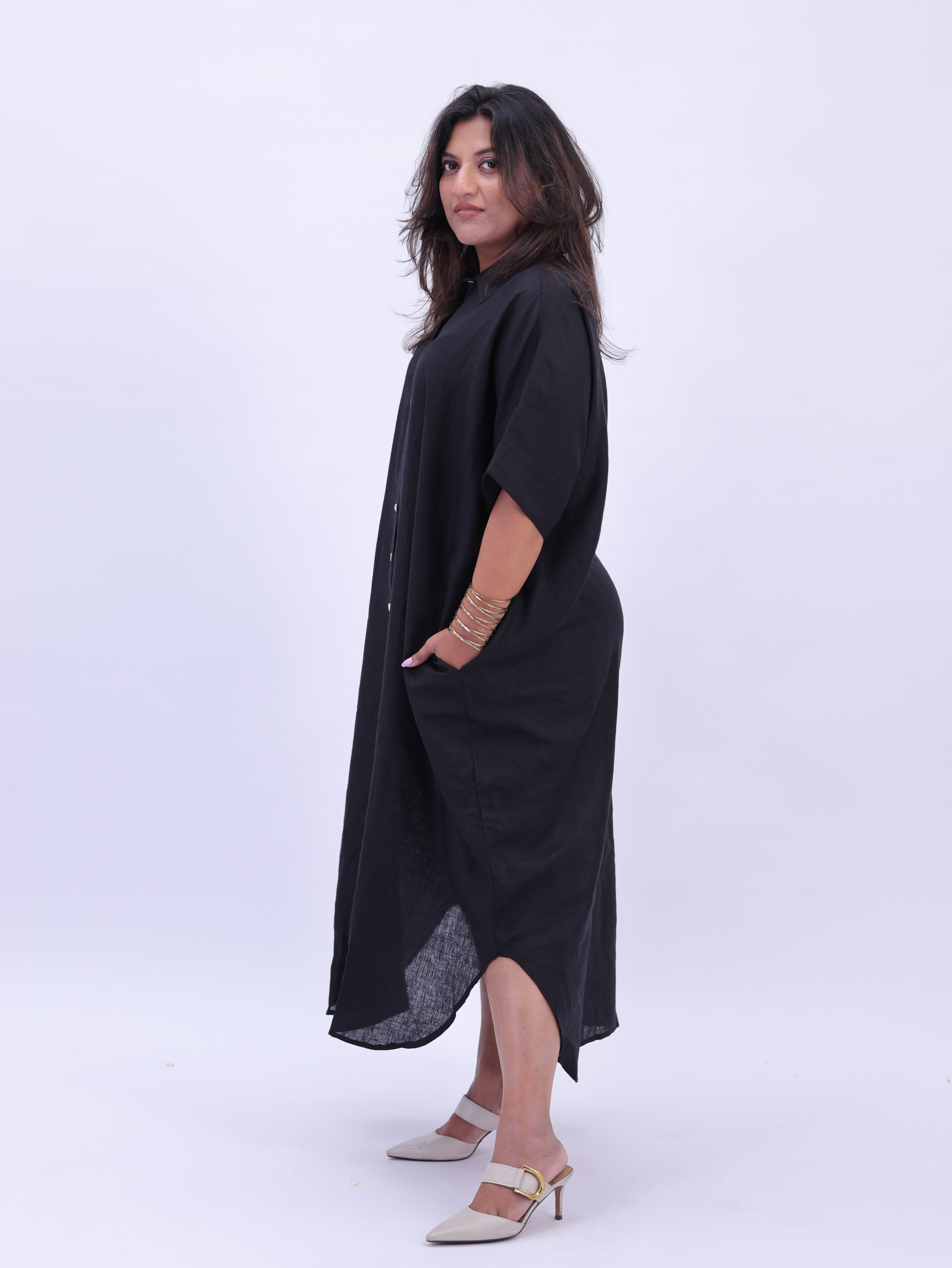 Samah Shirt Style Pure Linen Dress - Black