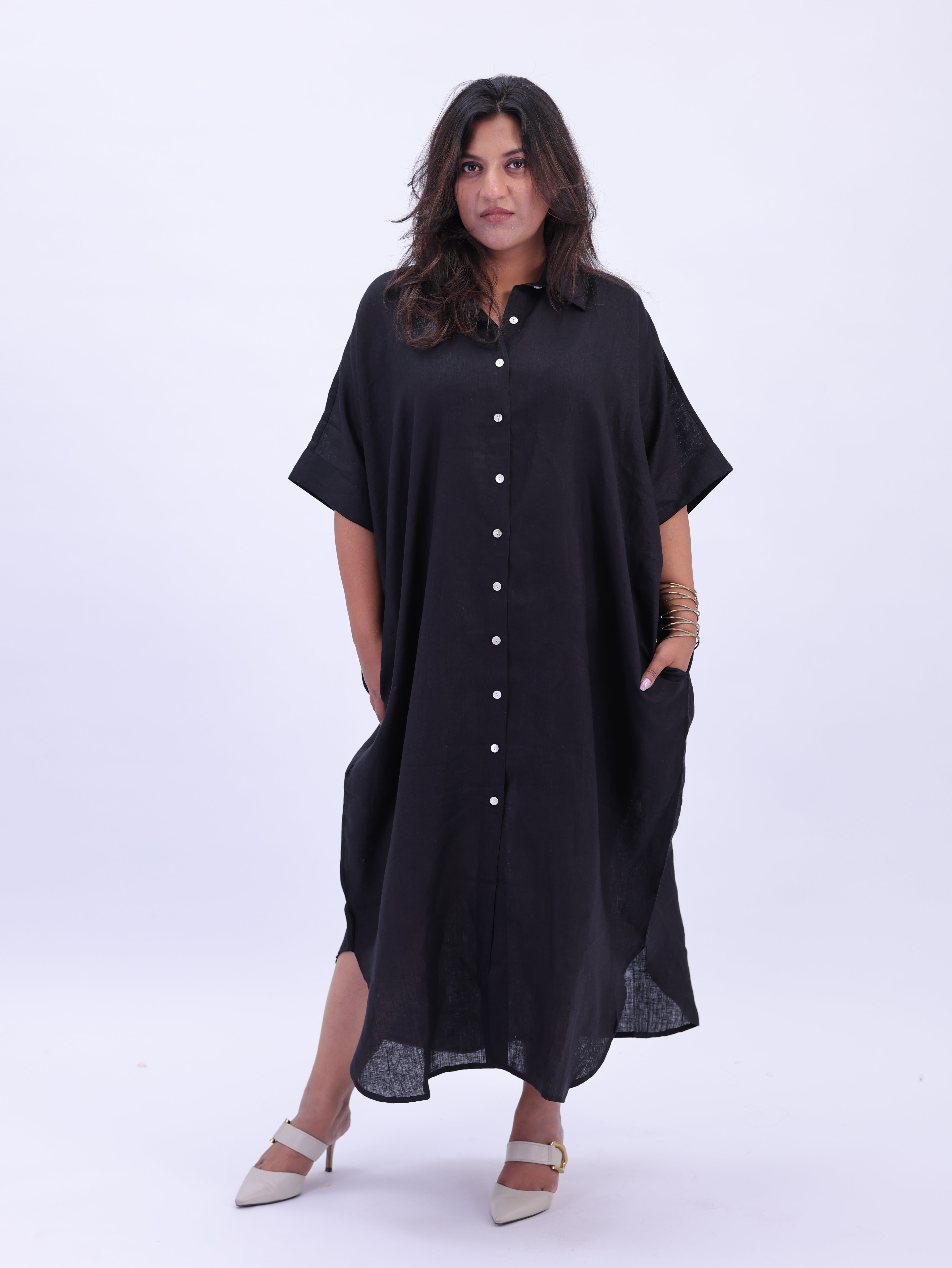 Samah Shirt Style Pure Linen Dress - Black