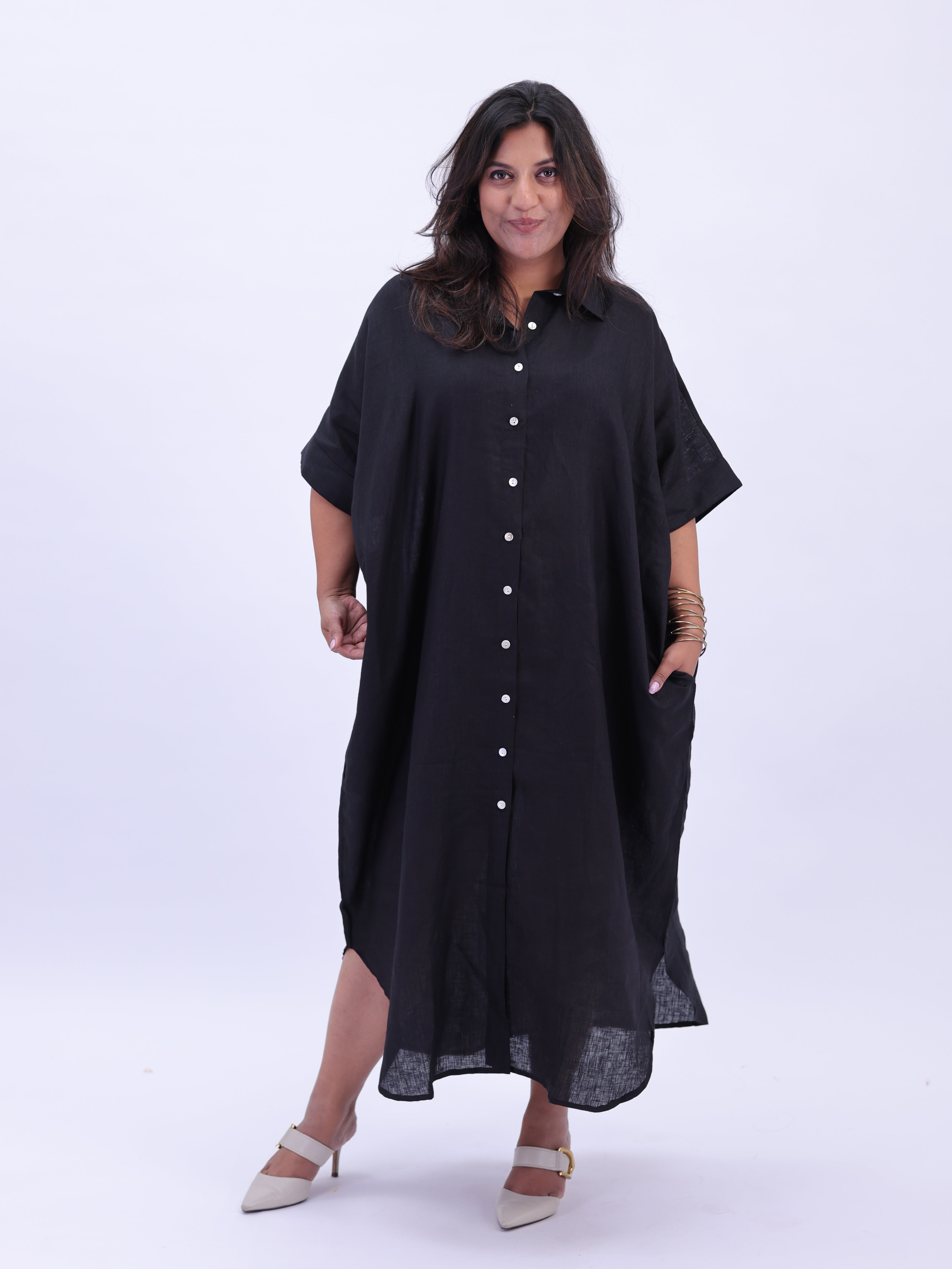 Samah Shirt Style Pure Linen Dress - Black