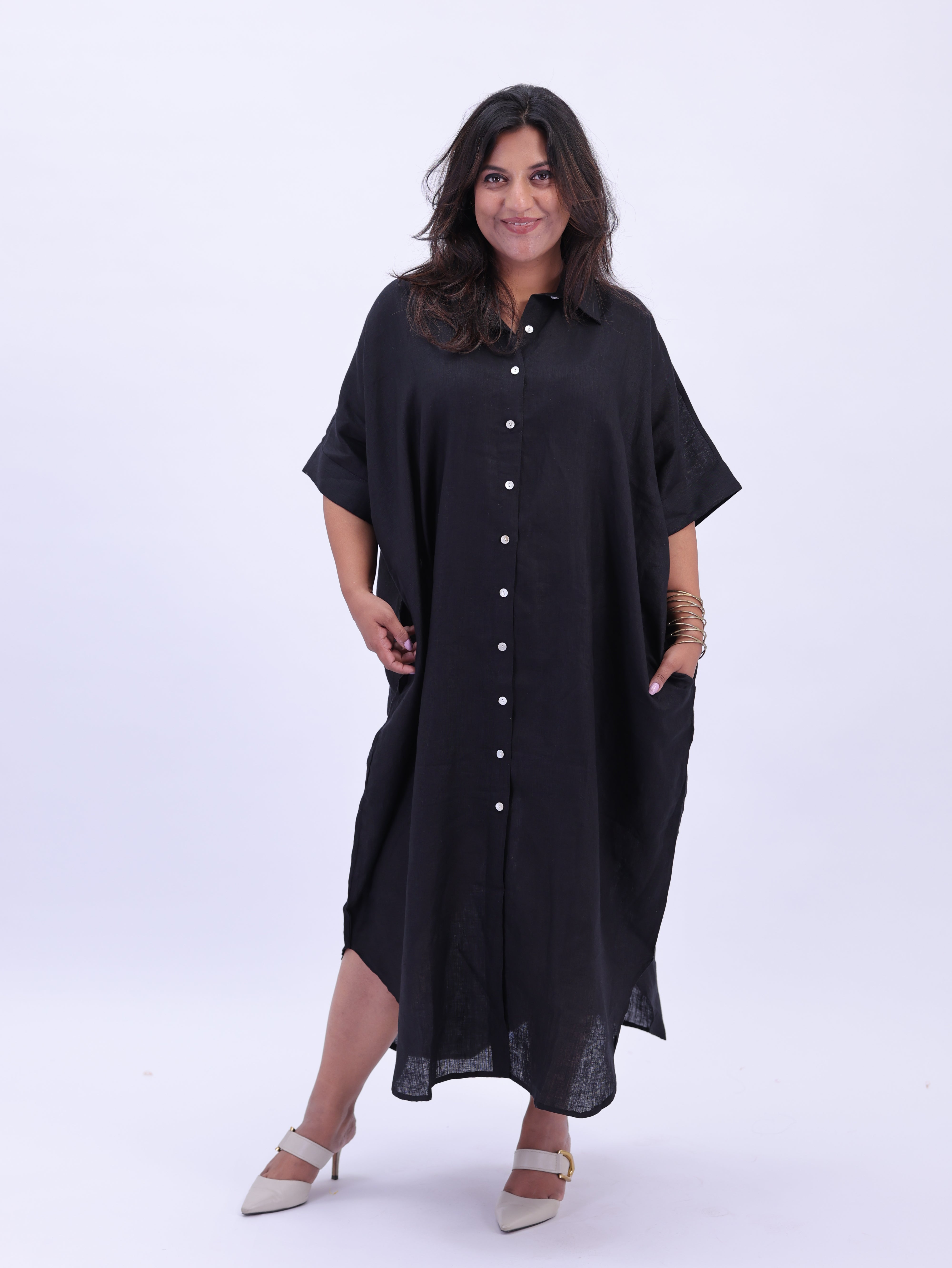 Samah Shirt Style Pure Linen Dress - Black