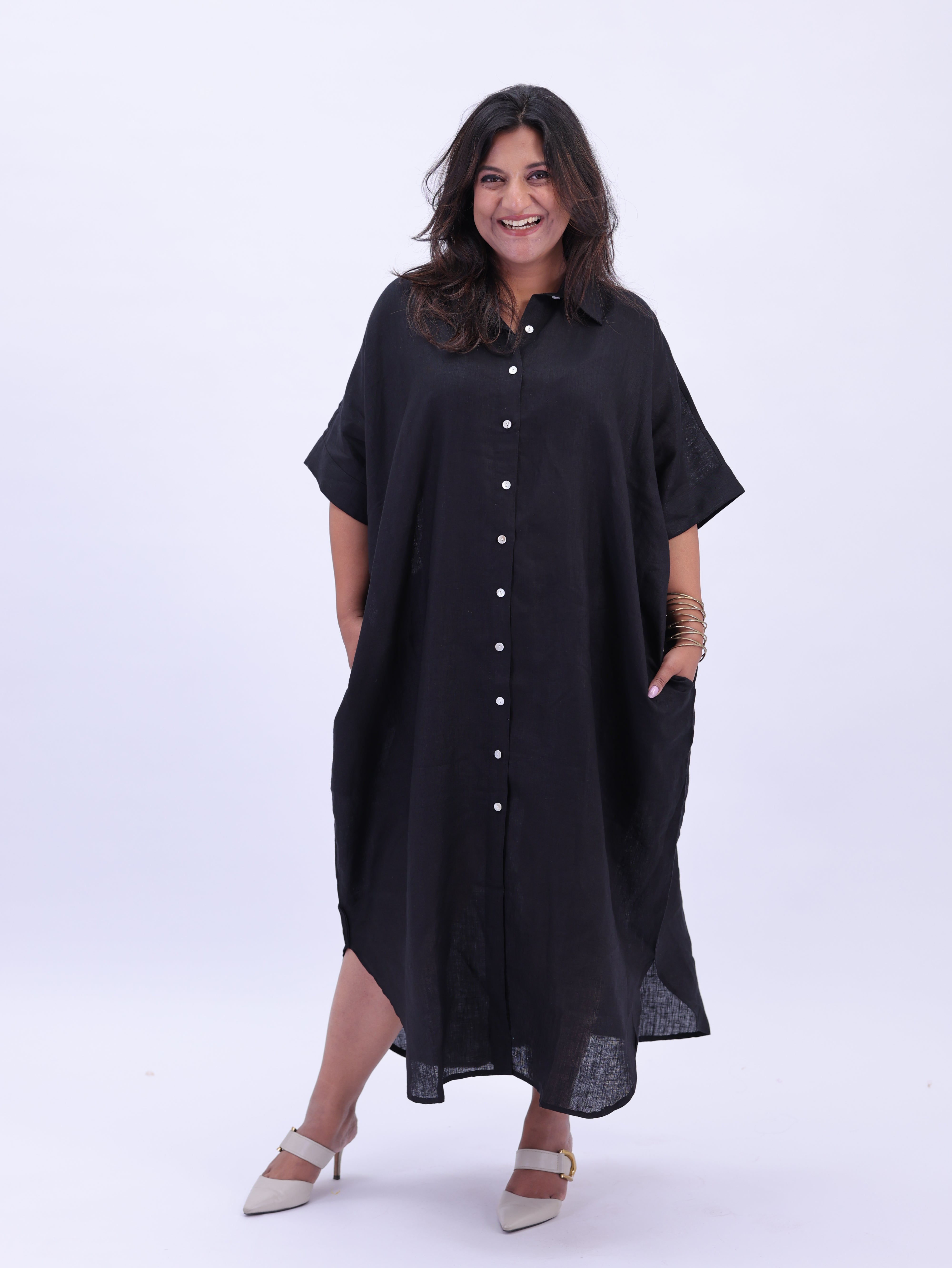 Samah Shirt Style Pure Linen Dress - Black