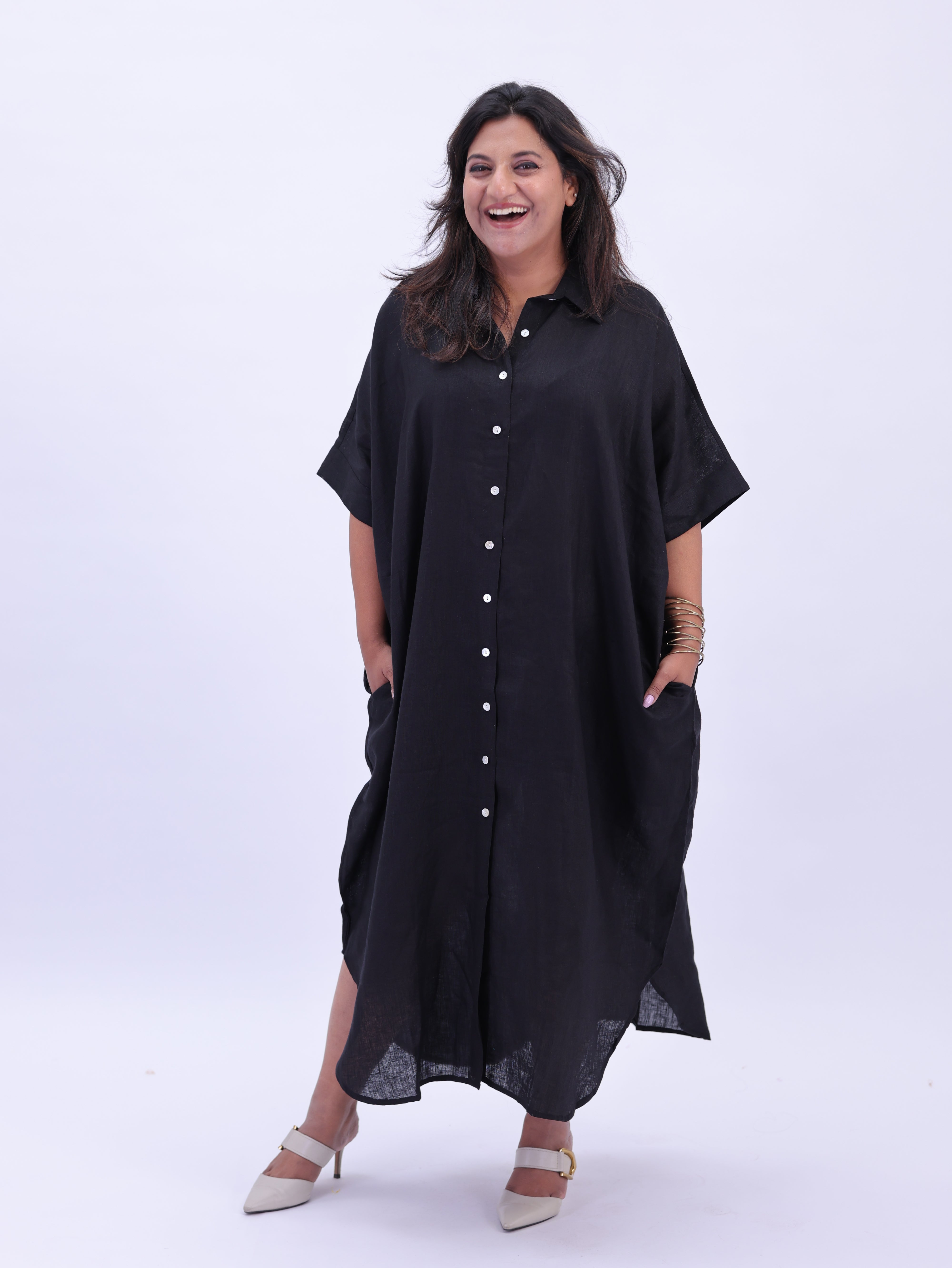 Samah Shirt Style Pure Linen Dress - Black