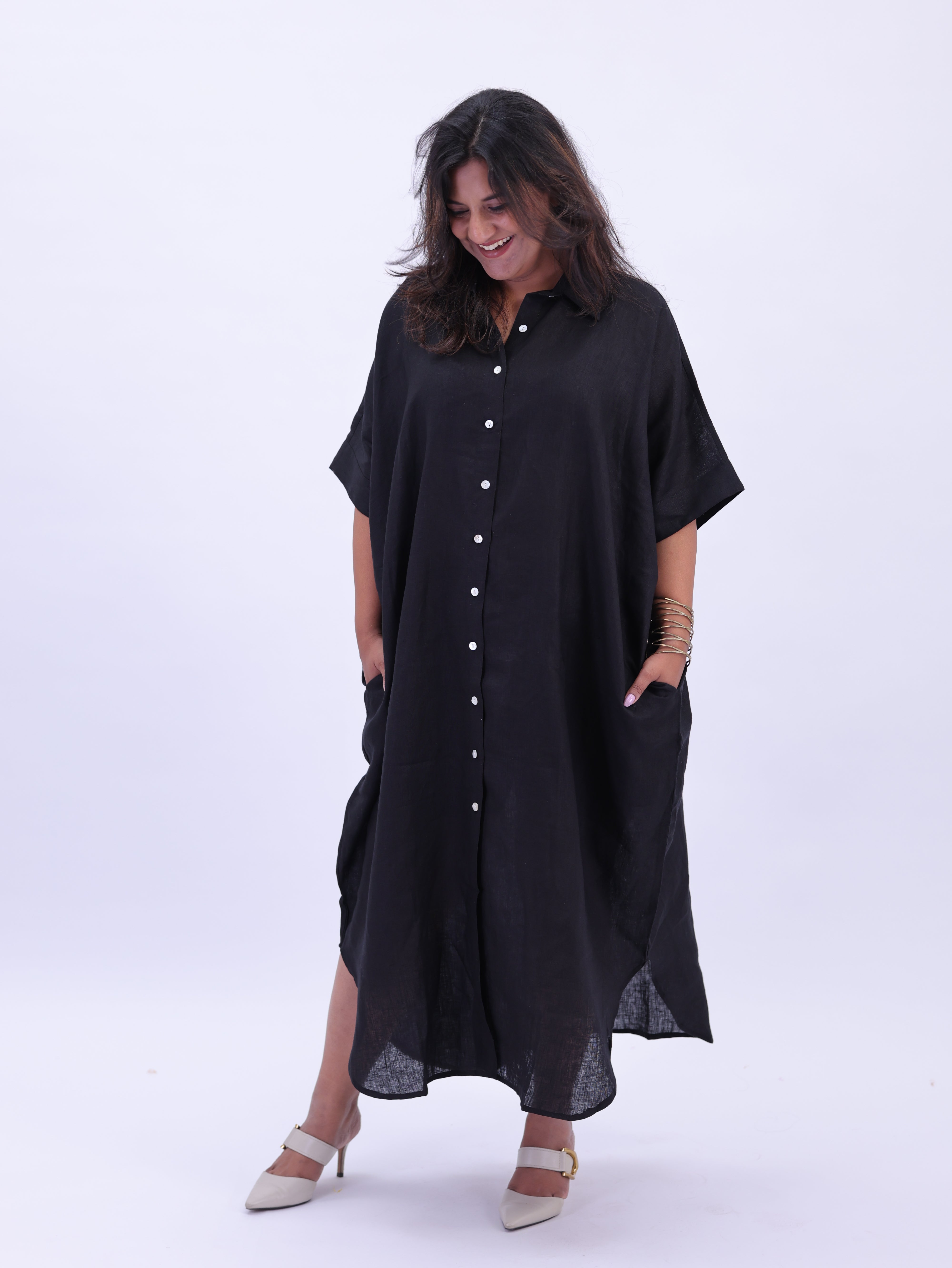 Samah Shirt Style Pure Linen Dress - Black