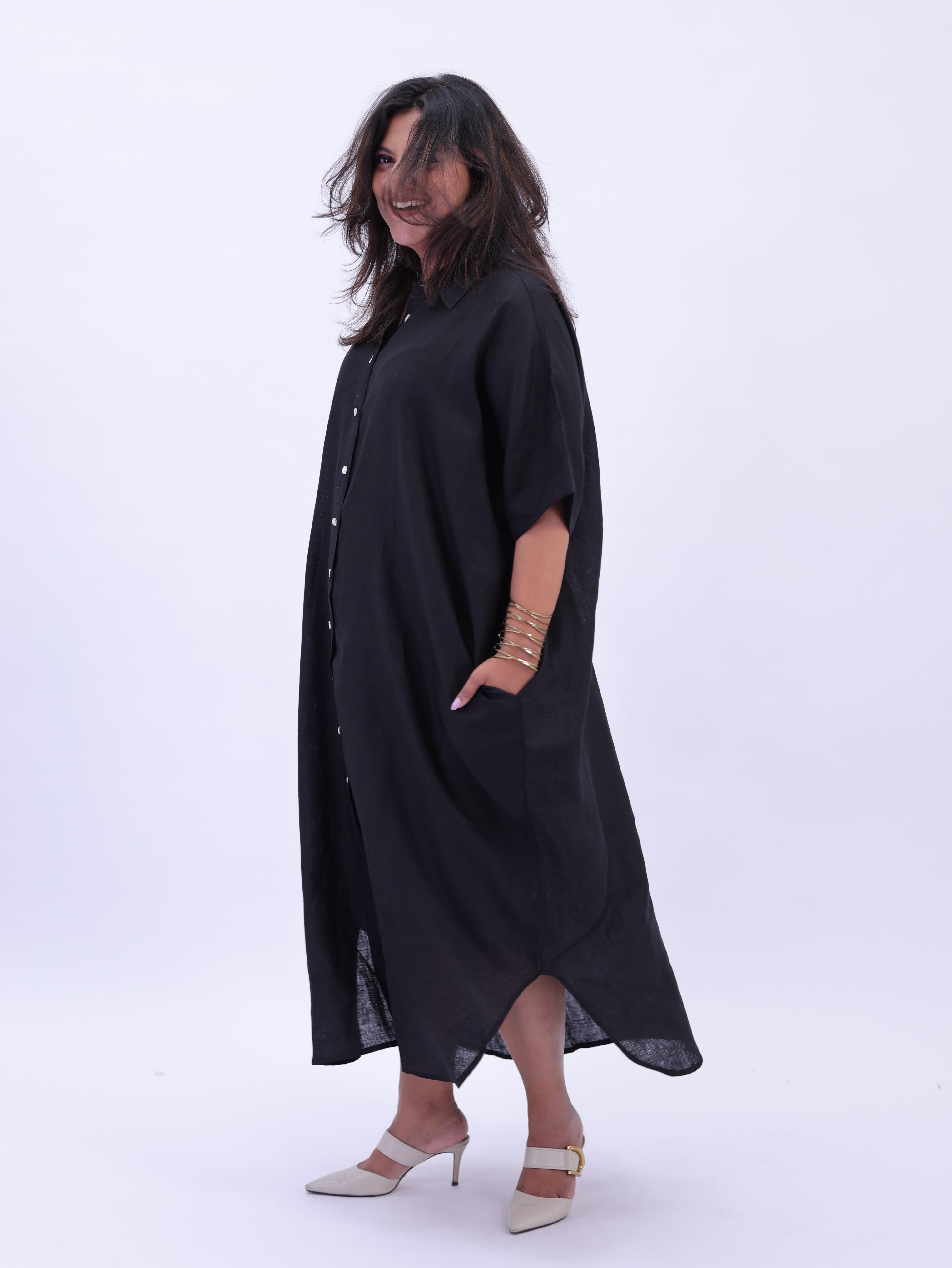 Samah Shirt Style Pure Linen Dress - Black
