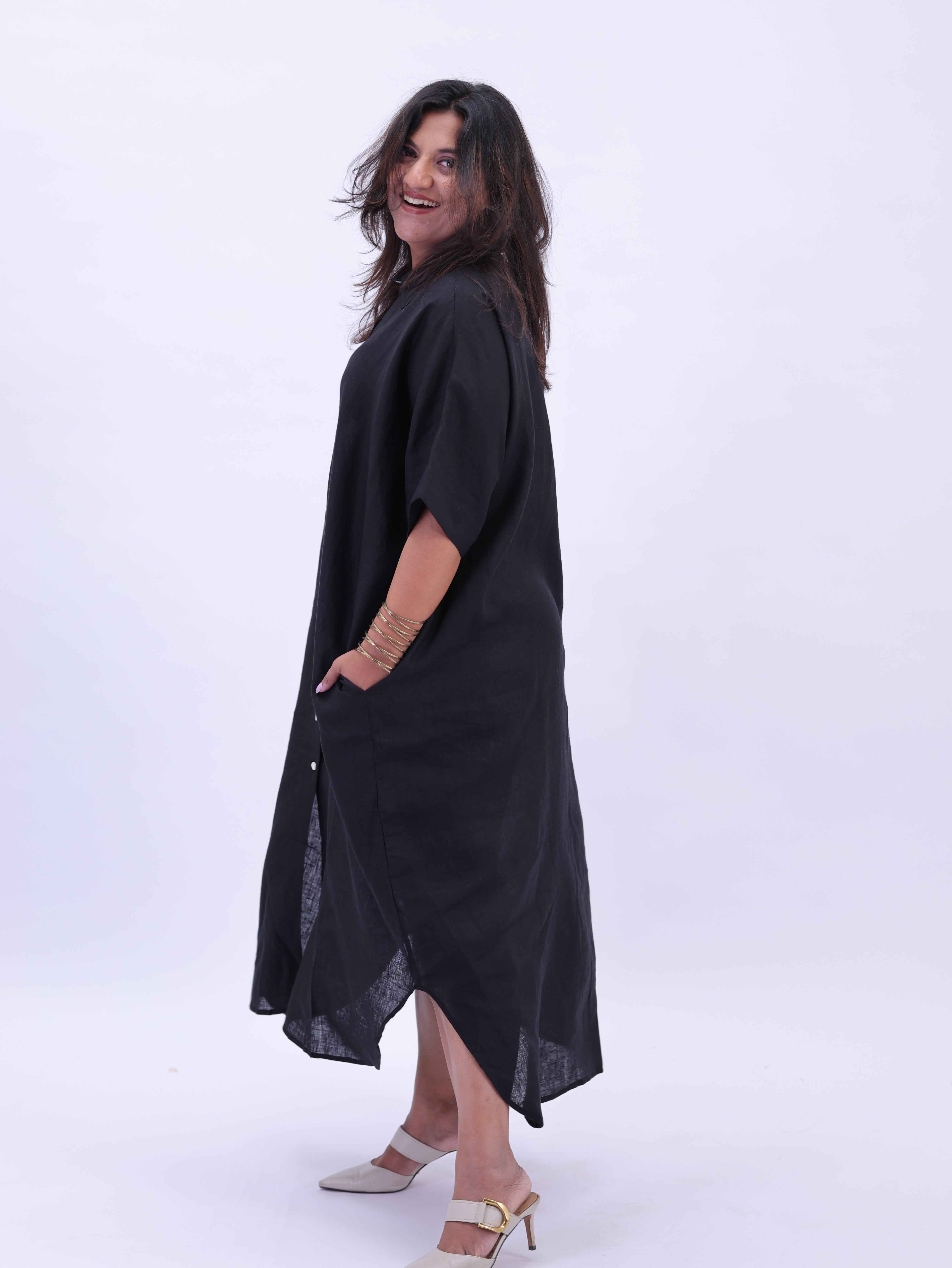 Samah Shirt Style Pure Linen Dress - Black
