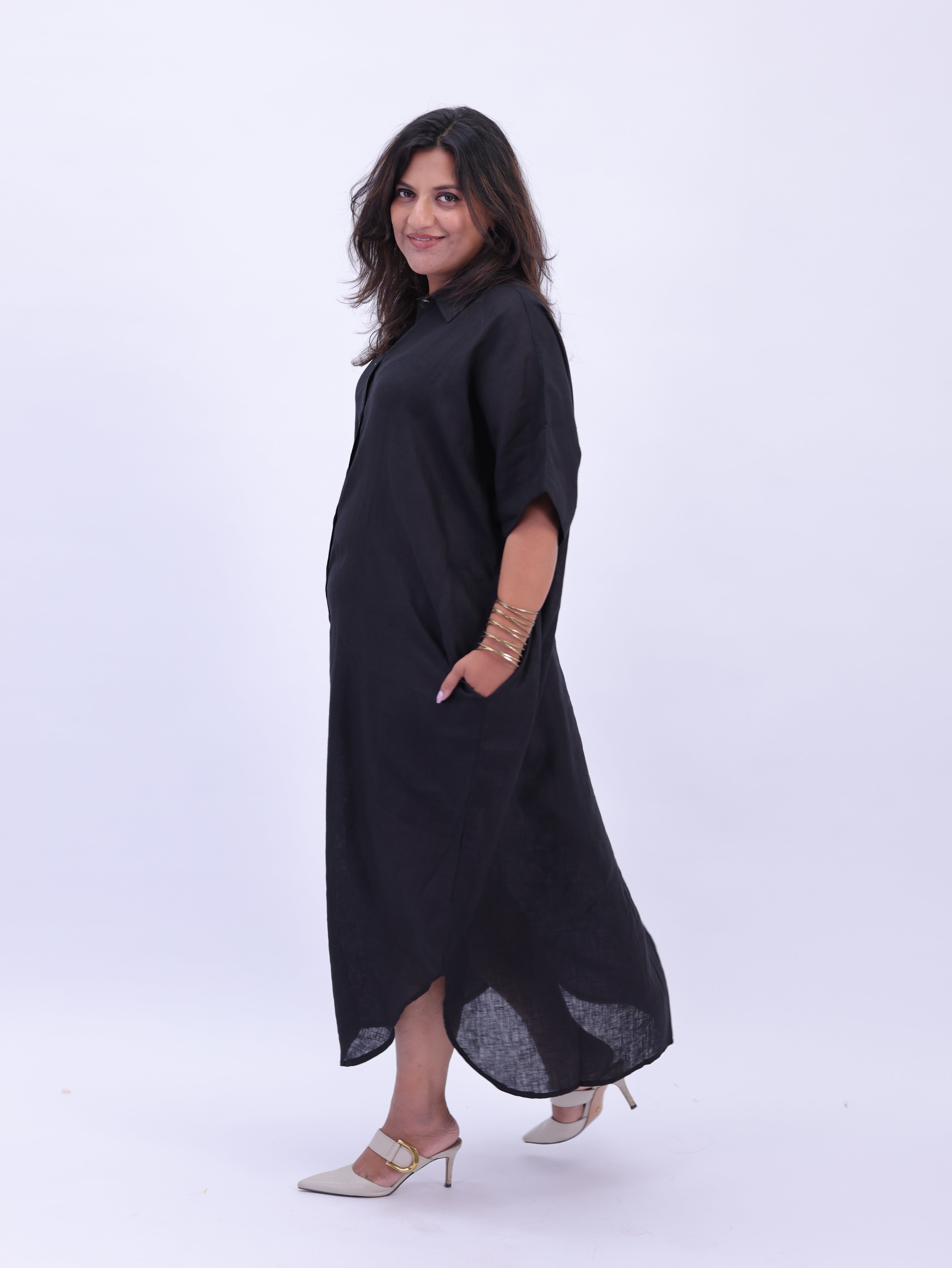 Samah Shirt Style Pure Linen Dress - Black