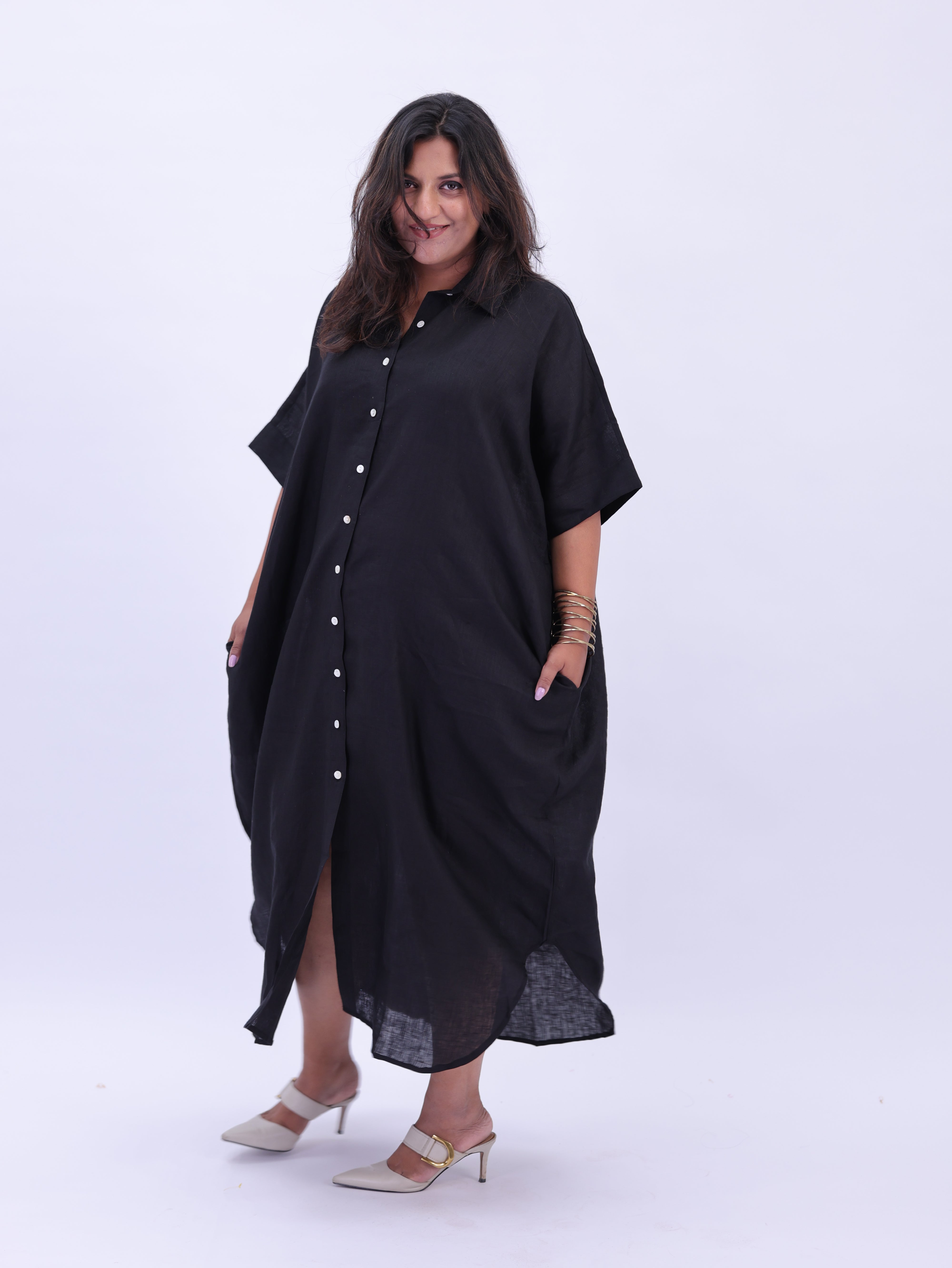 Samah Shirt Style Pure Linen Dress - Black