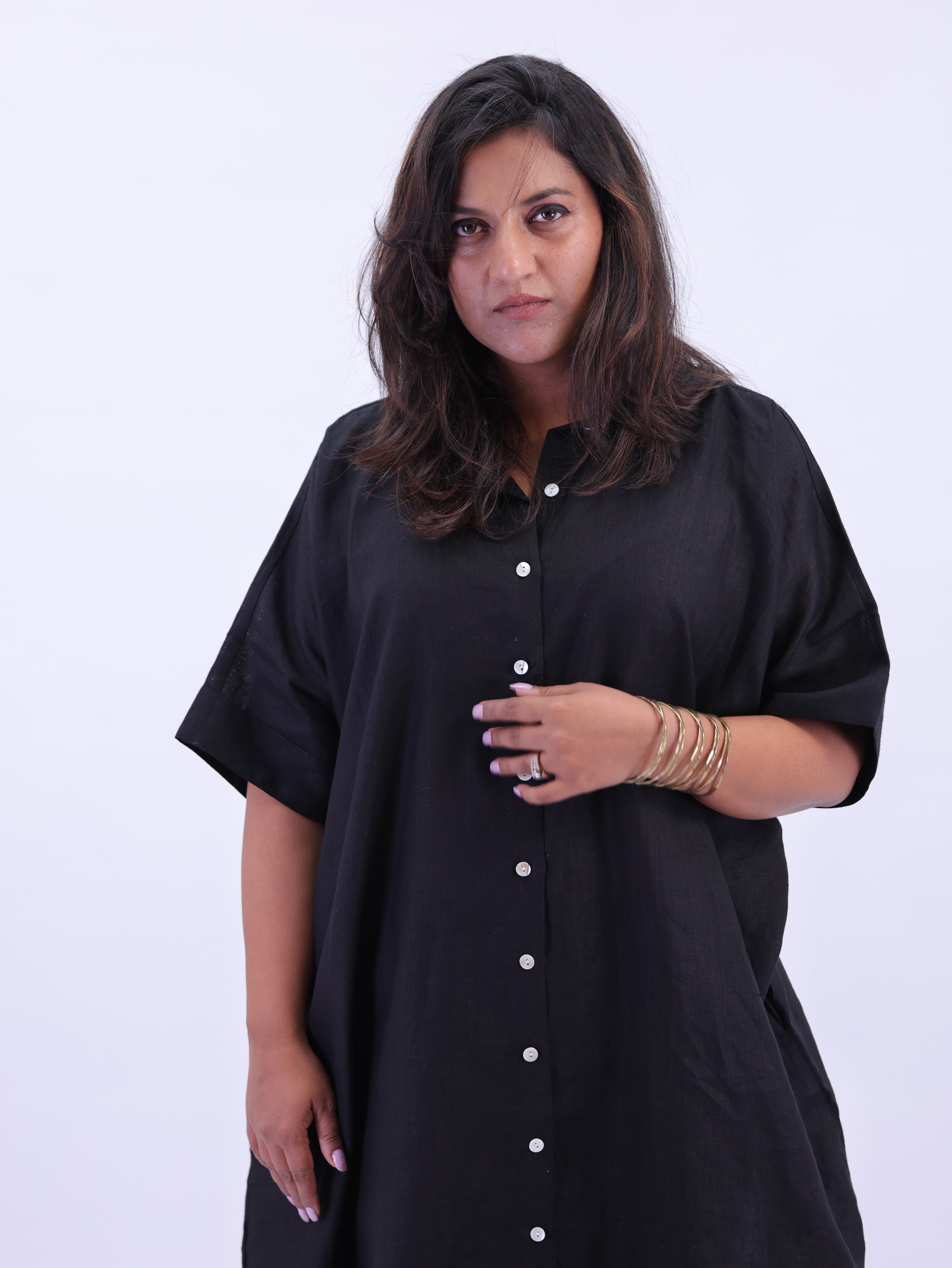 Samah Shirt Style Pure Linen Dress - Black