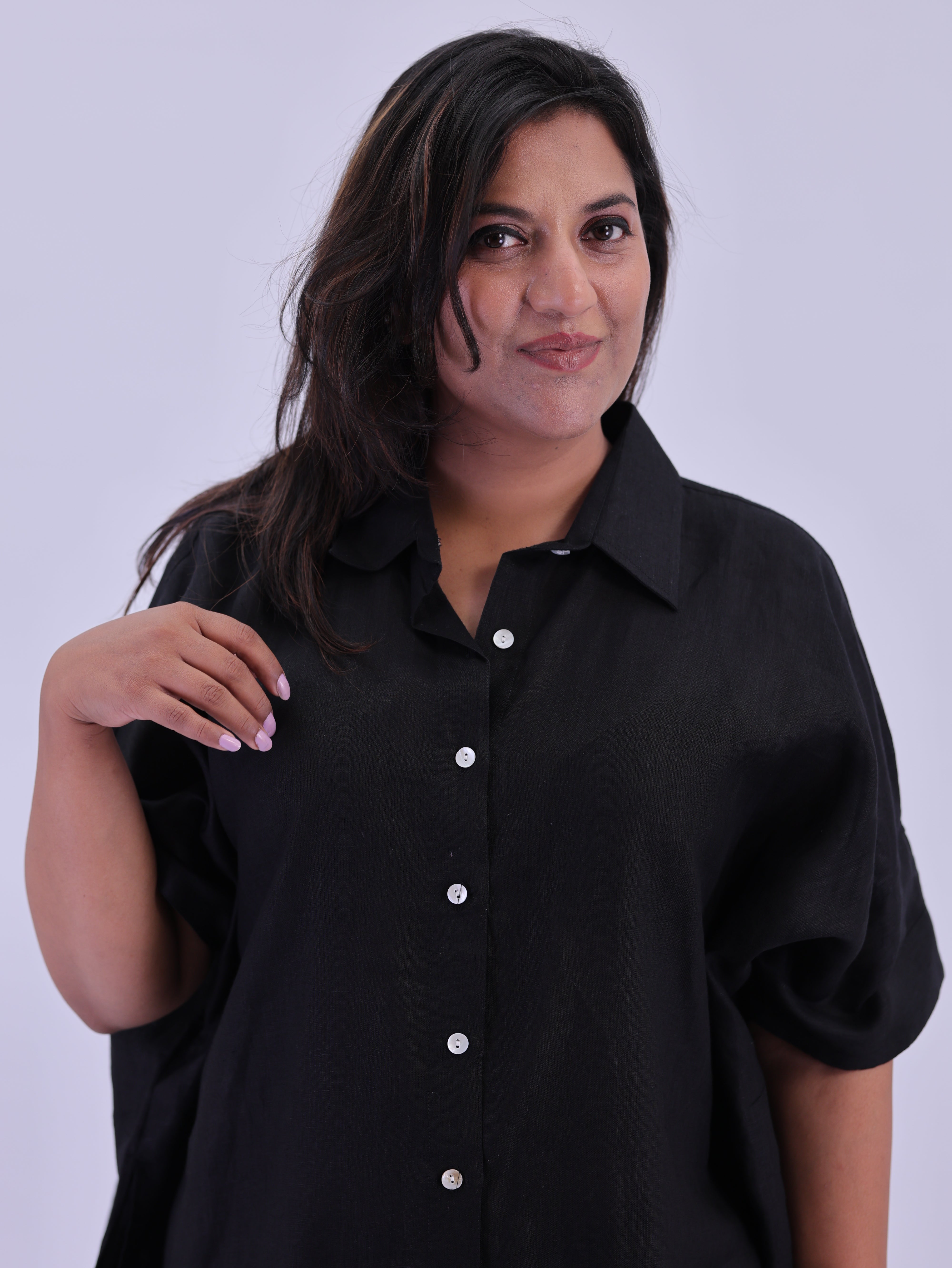 Samah Shirt Style Pure Linen Dress - Black