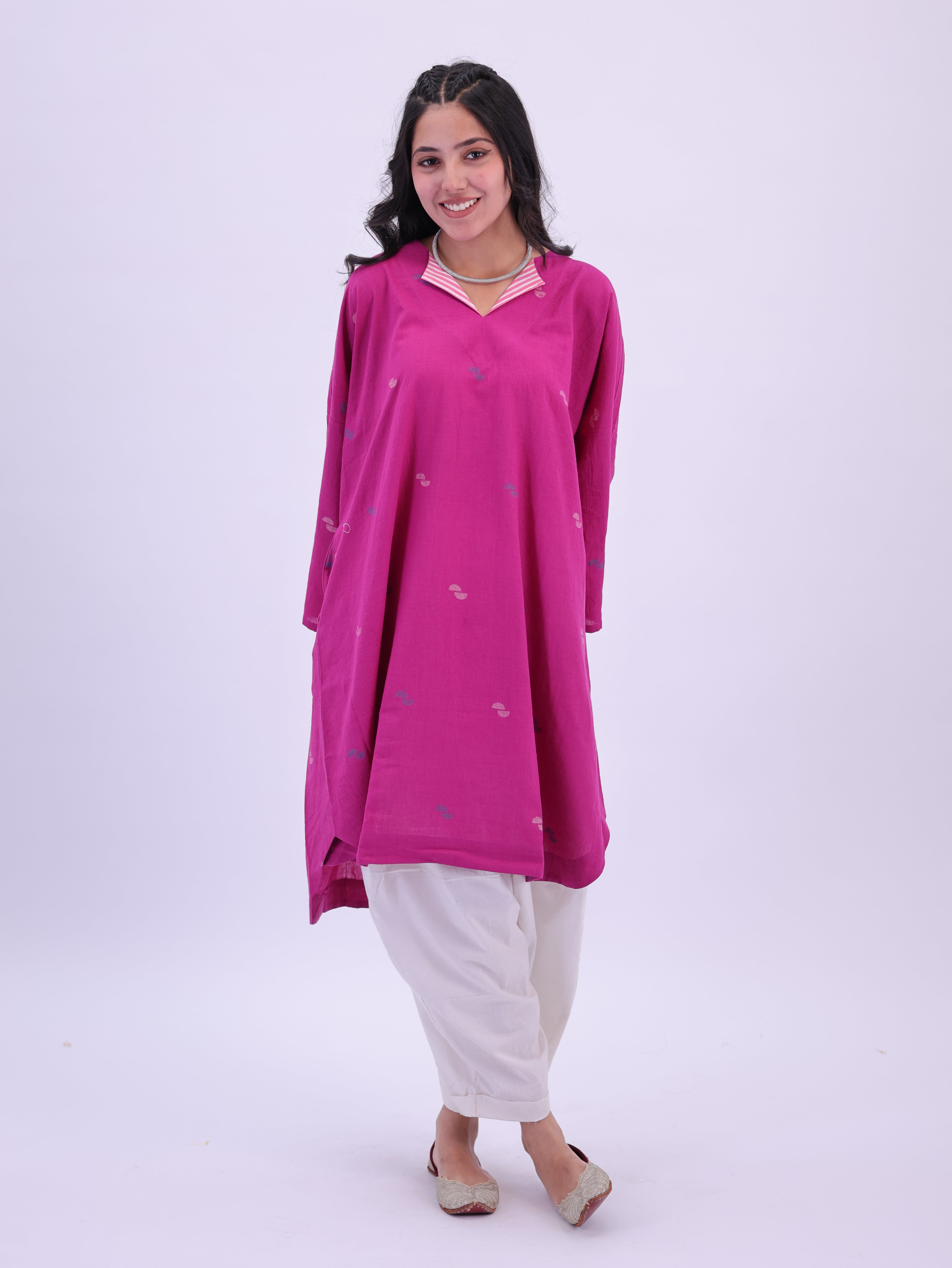 "Rumi" handloom cotton Jamdani Kurta Magenta Pink