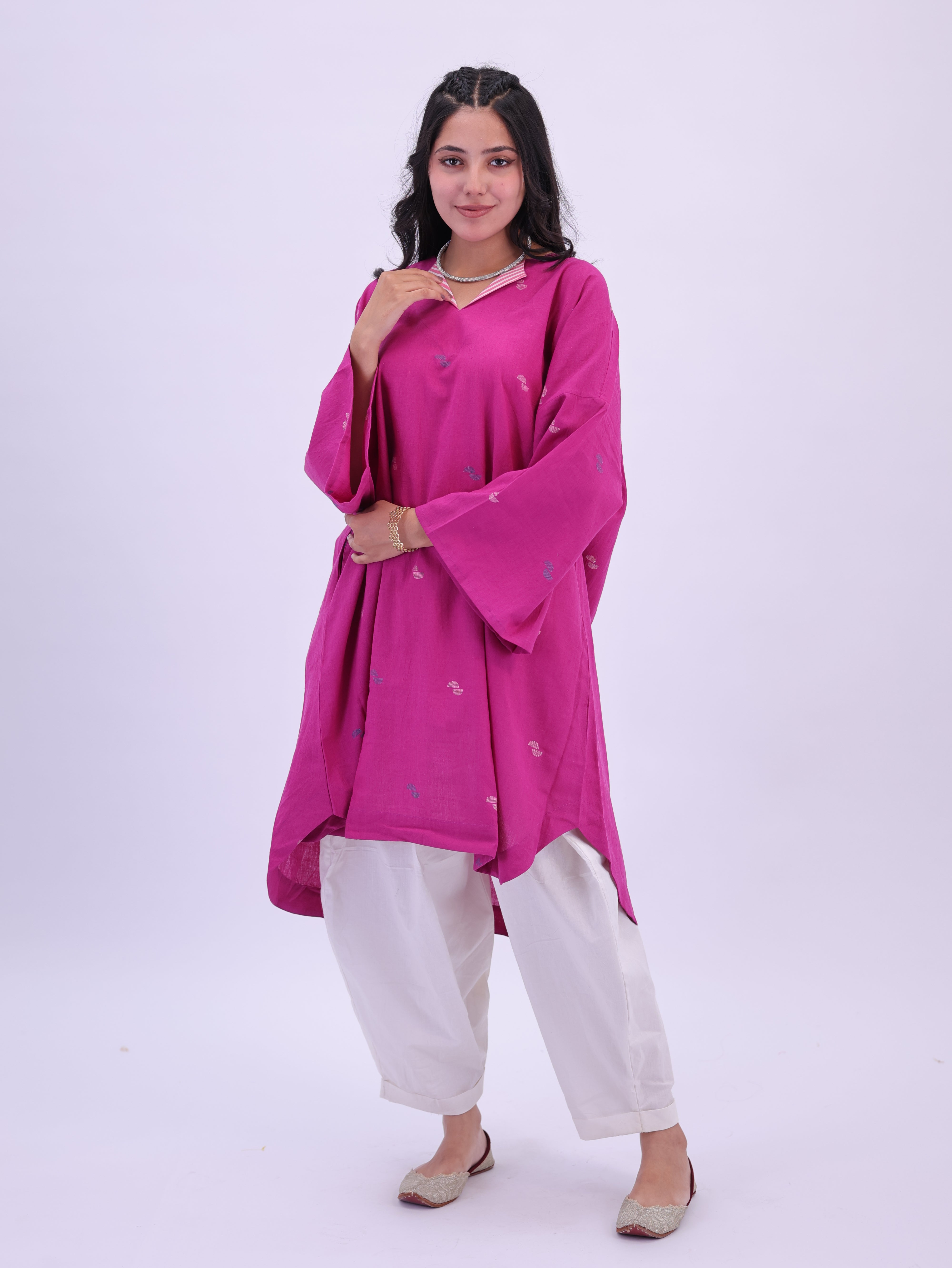 "Rumi" handloom cotton Jamdani Kurta Magenta Pink