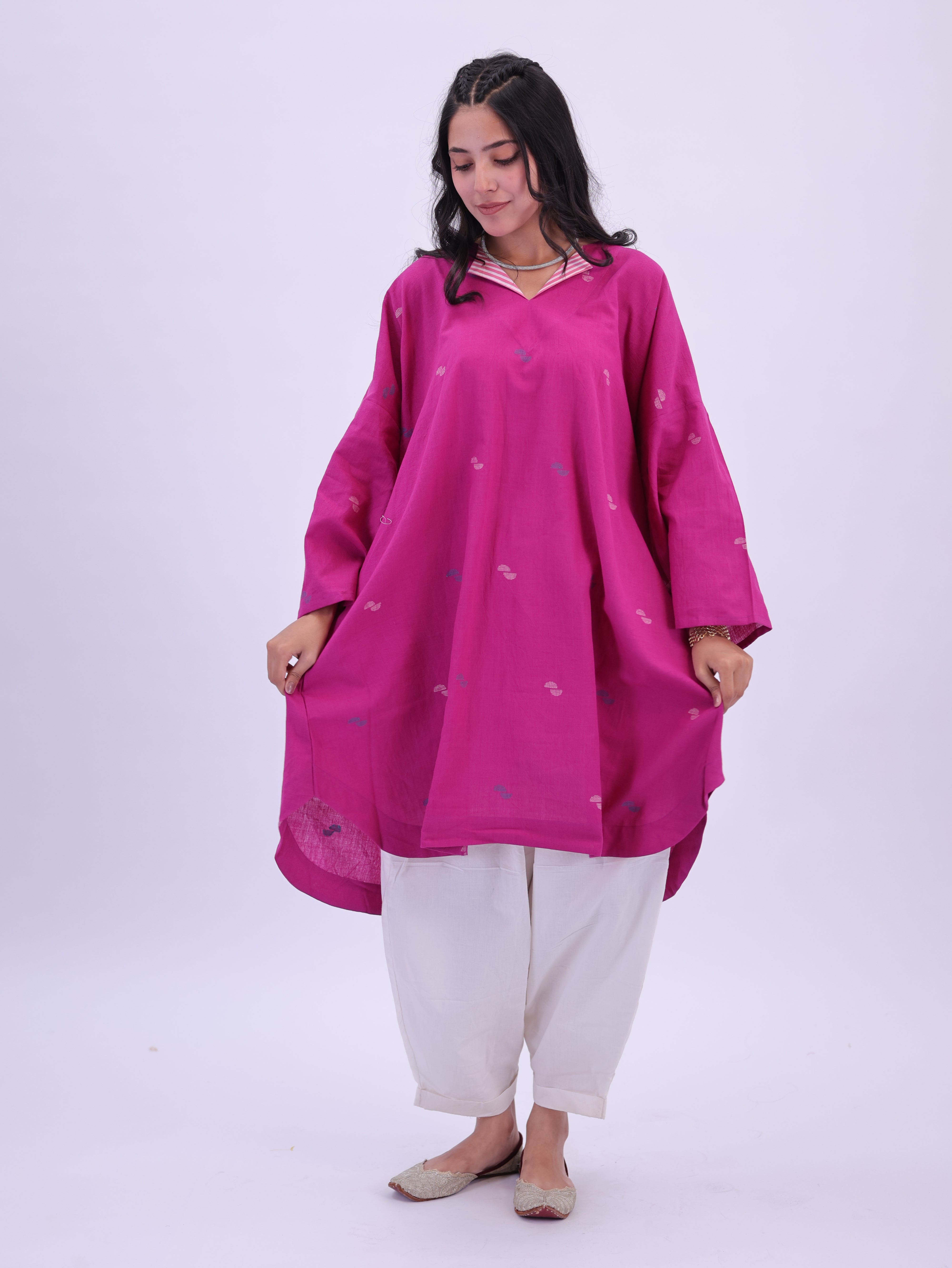 "Rumi" handloom cotton Jamdani Kurta Magenta Pink