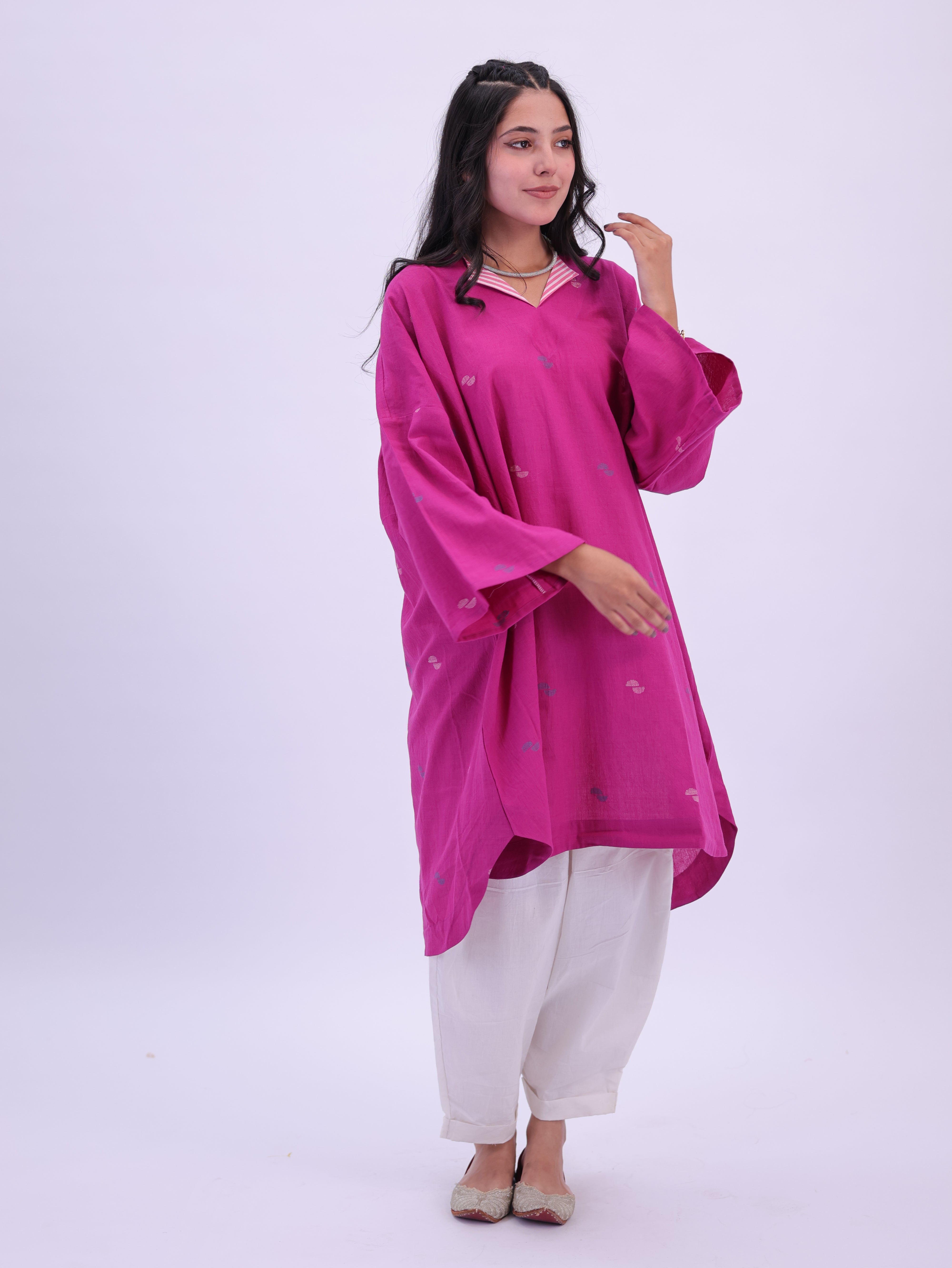 "Rumi" handloom cotton Jamdani Kurta Magenta Pink