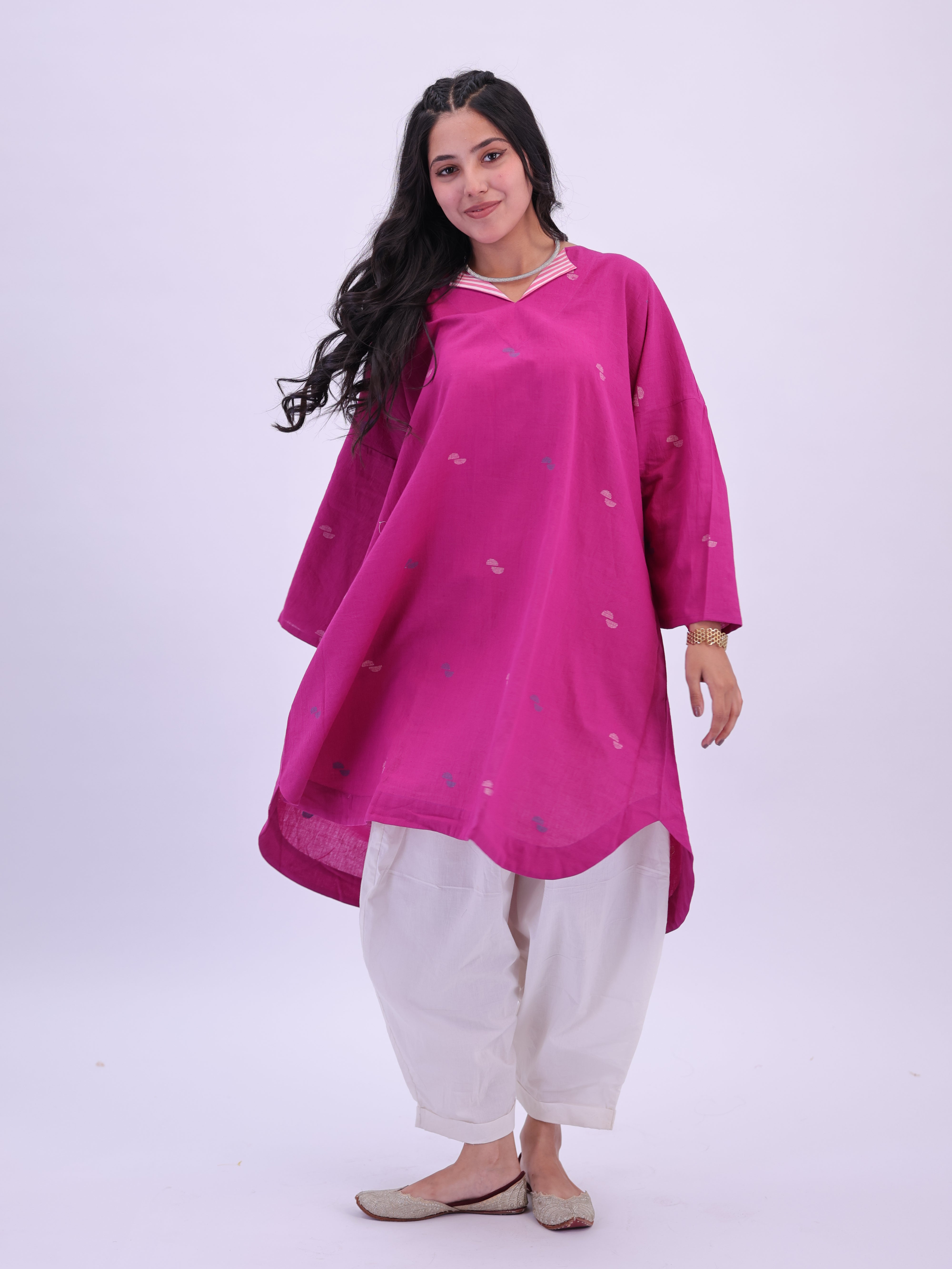 "Rumi" handloom cotton Jamdani Kurta Magenta Pink