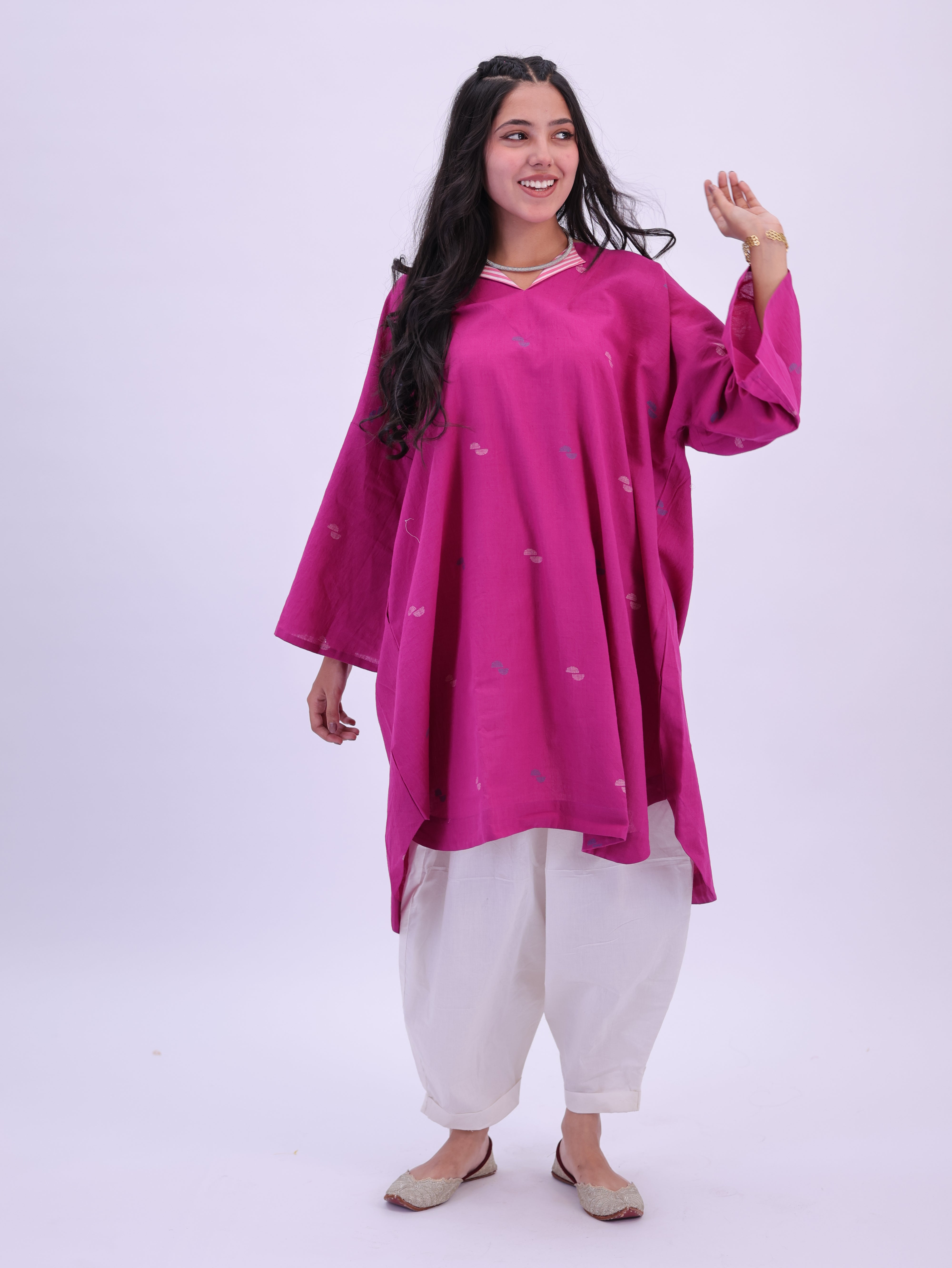 "Rumi" handloom cotton Jamdani Kurta Magenta Pink