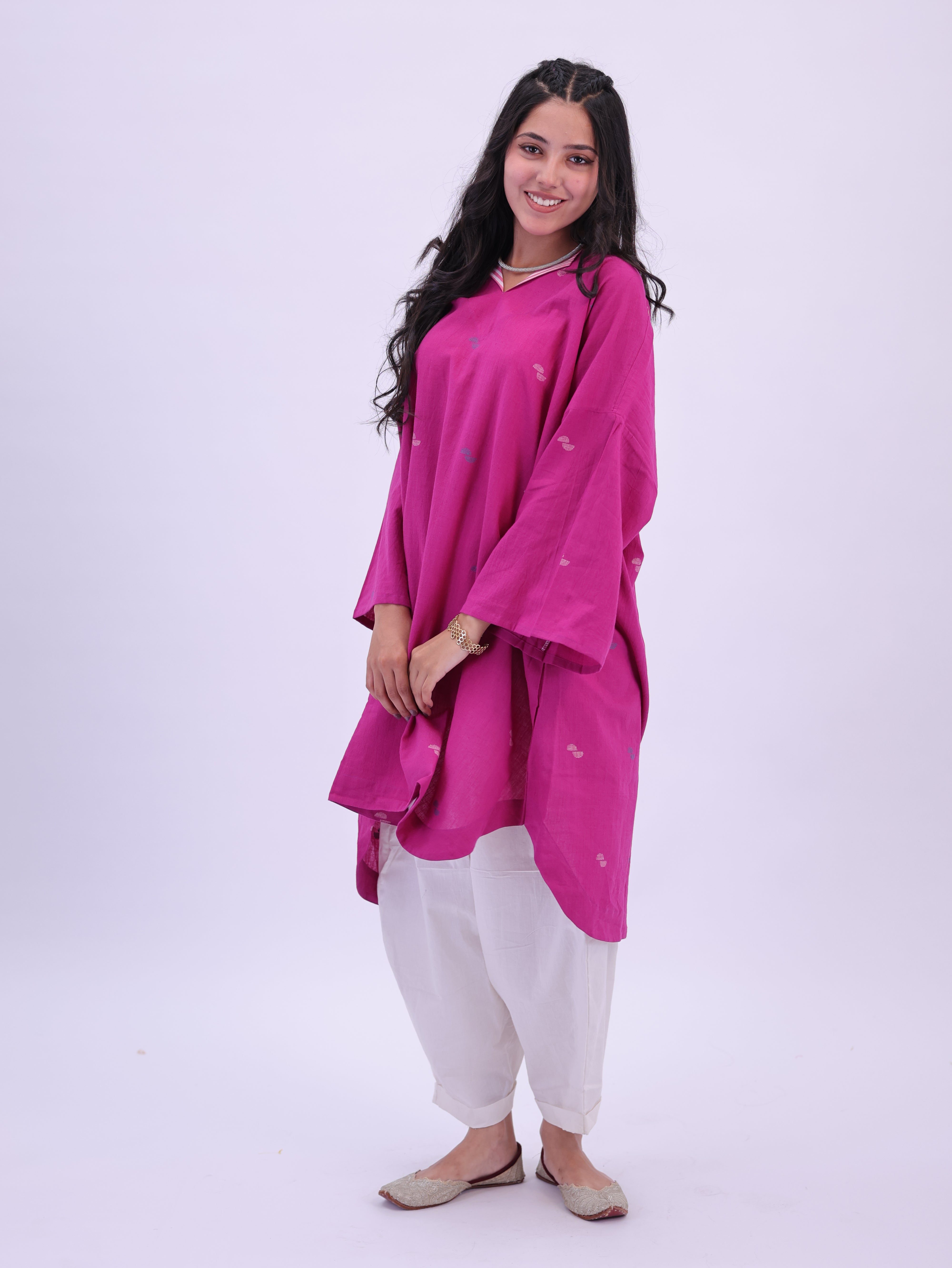 "Rumi" handloom cotton Jamdani Kurta Magenta Pink
