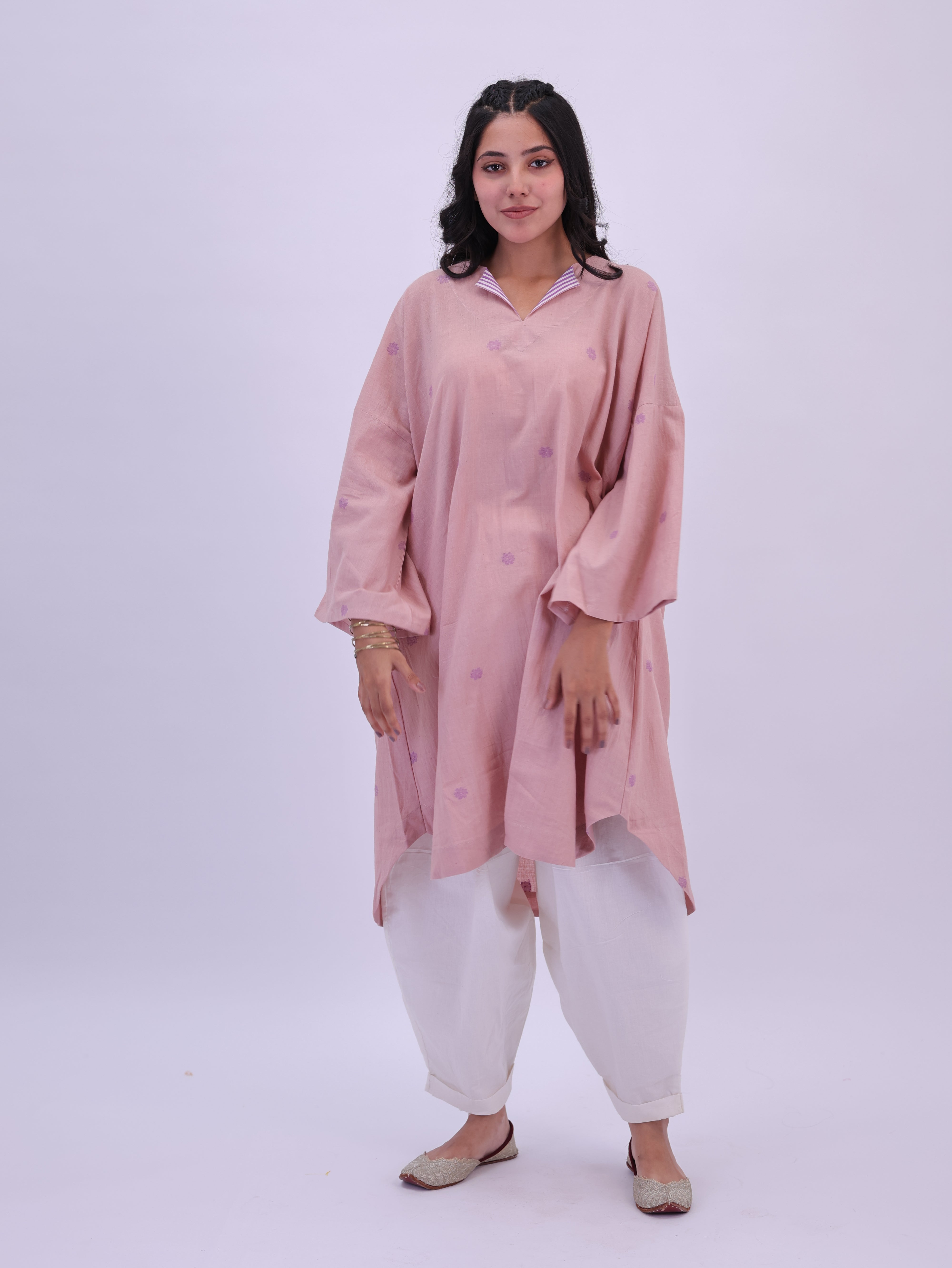"Rumi" handloom cotton Jamdani Kurta Ice Pink