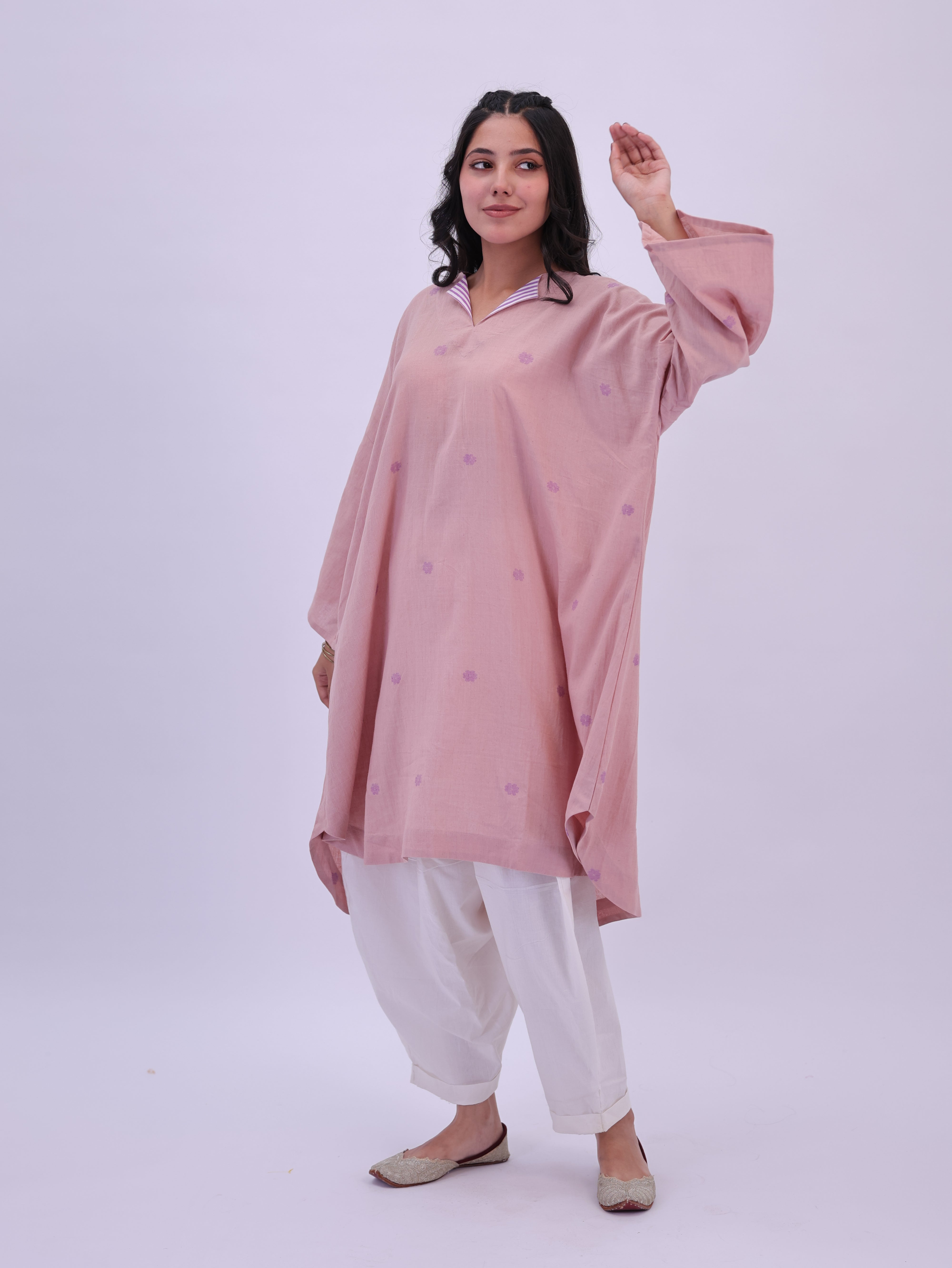 "Rumi" handloom cotton Jamdani Kurta Ice Pink