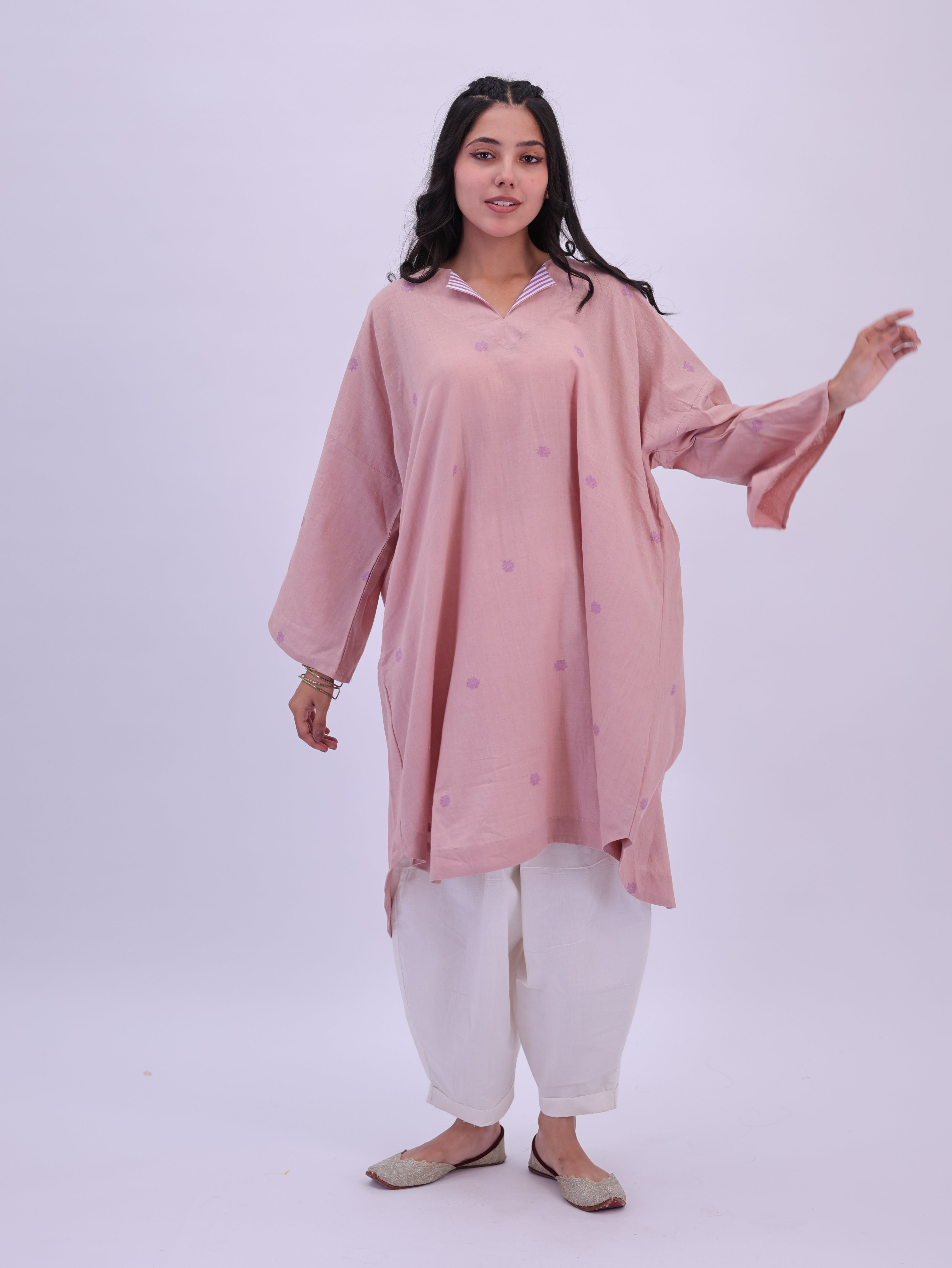 "Rumi" handloom cotton Jamdani Kurta Ice Pink