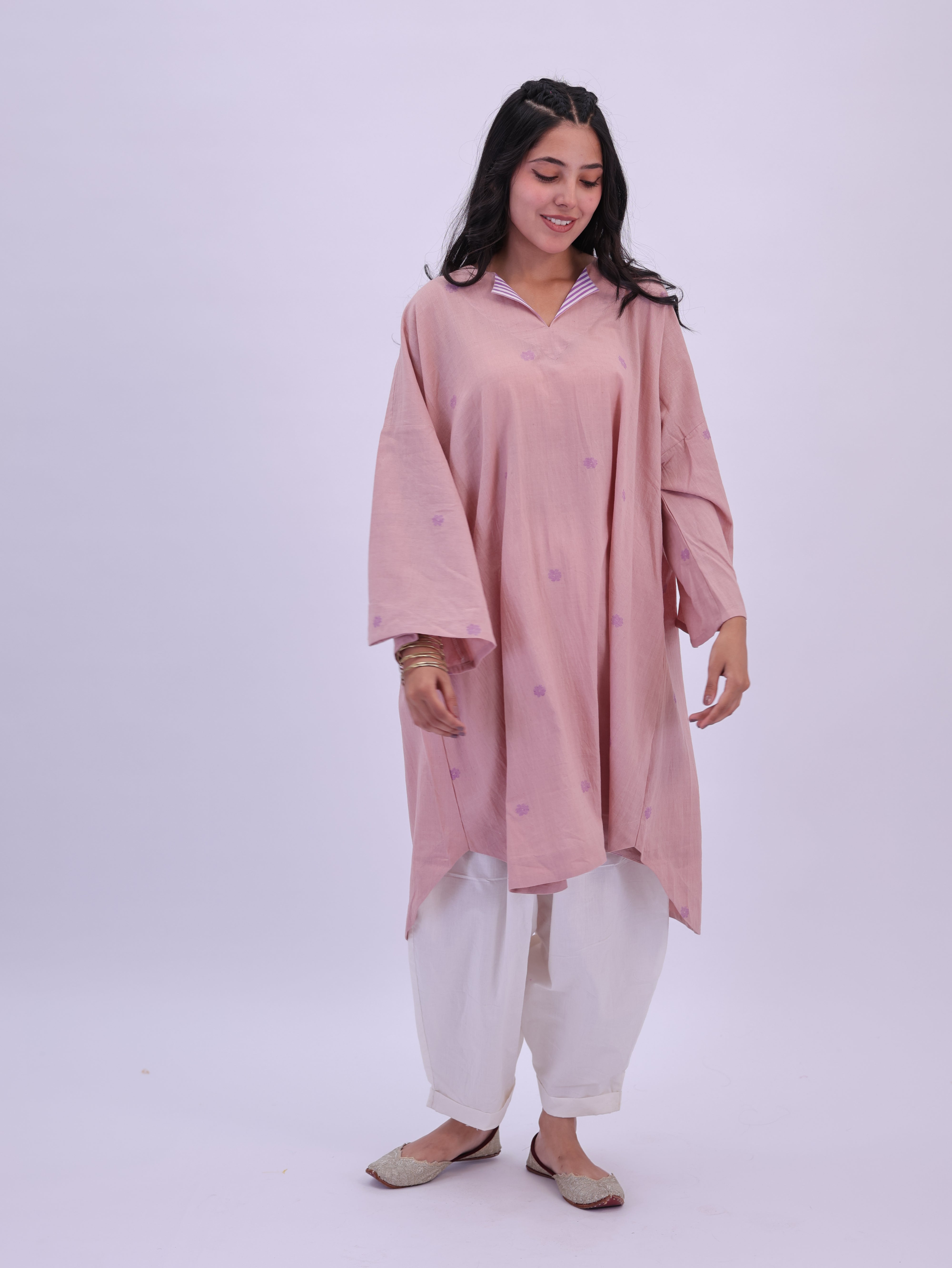 "Rumi" handloom cotton Jamdani Kurta Ice Pink