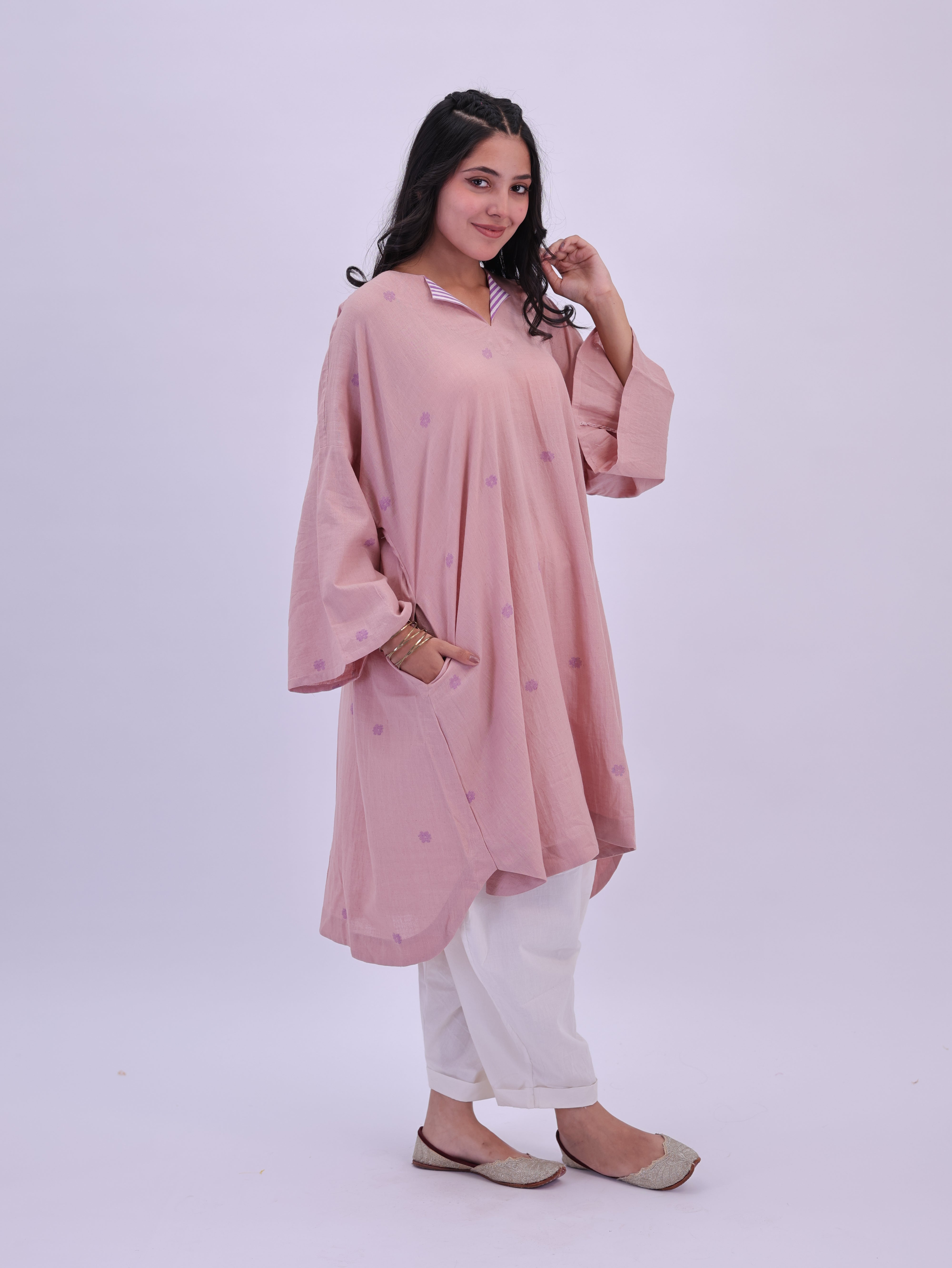 "Rumi" handloom cotton Jamdani Kurta Ice Pink