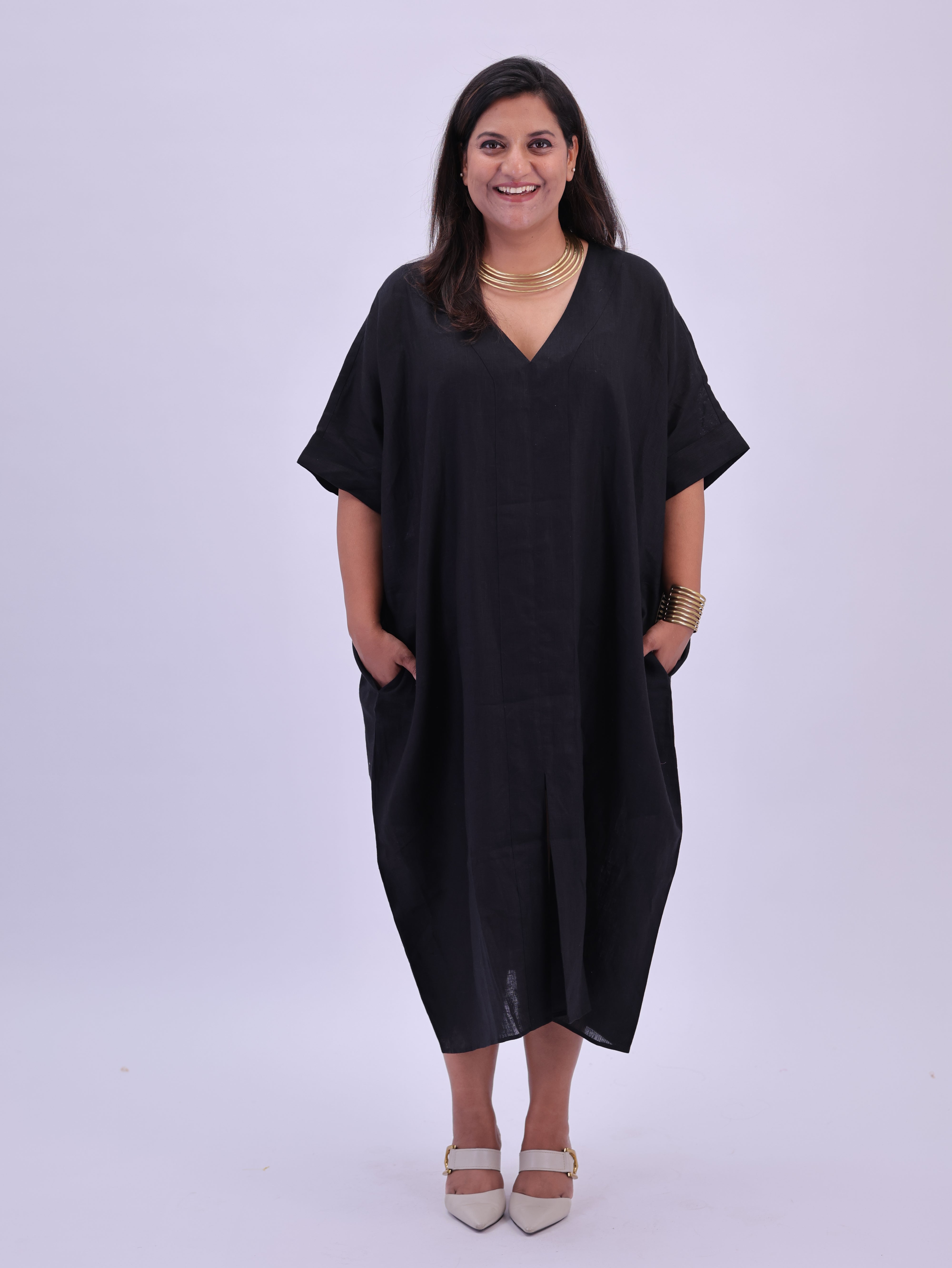 Saba Pure Linen Kaftan Dress - Black