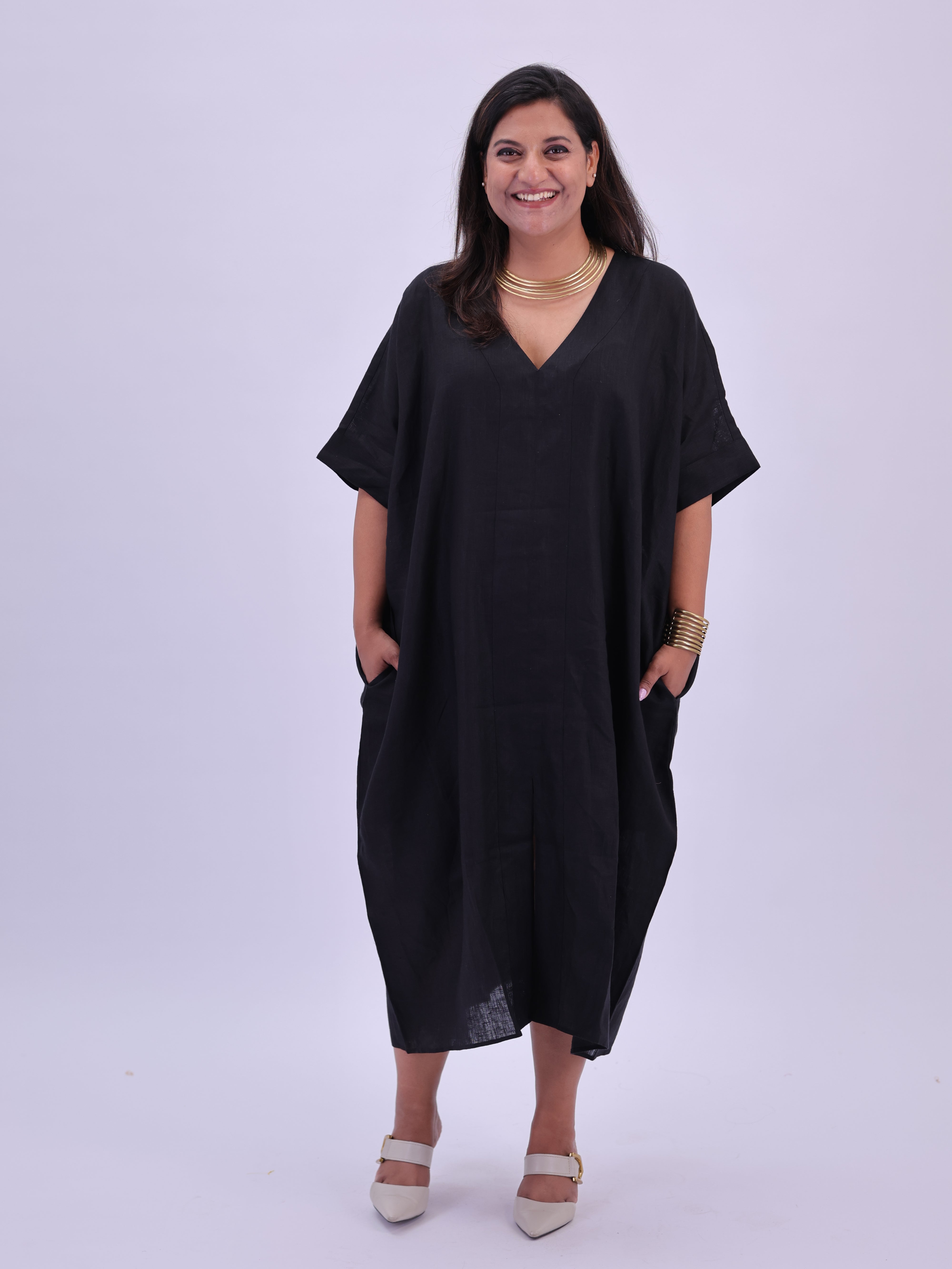 Saba Pure Linen Kaftan Dress - Black