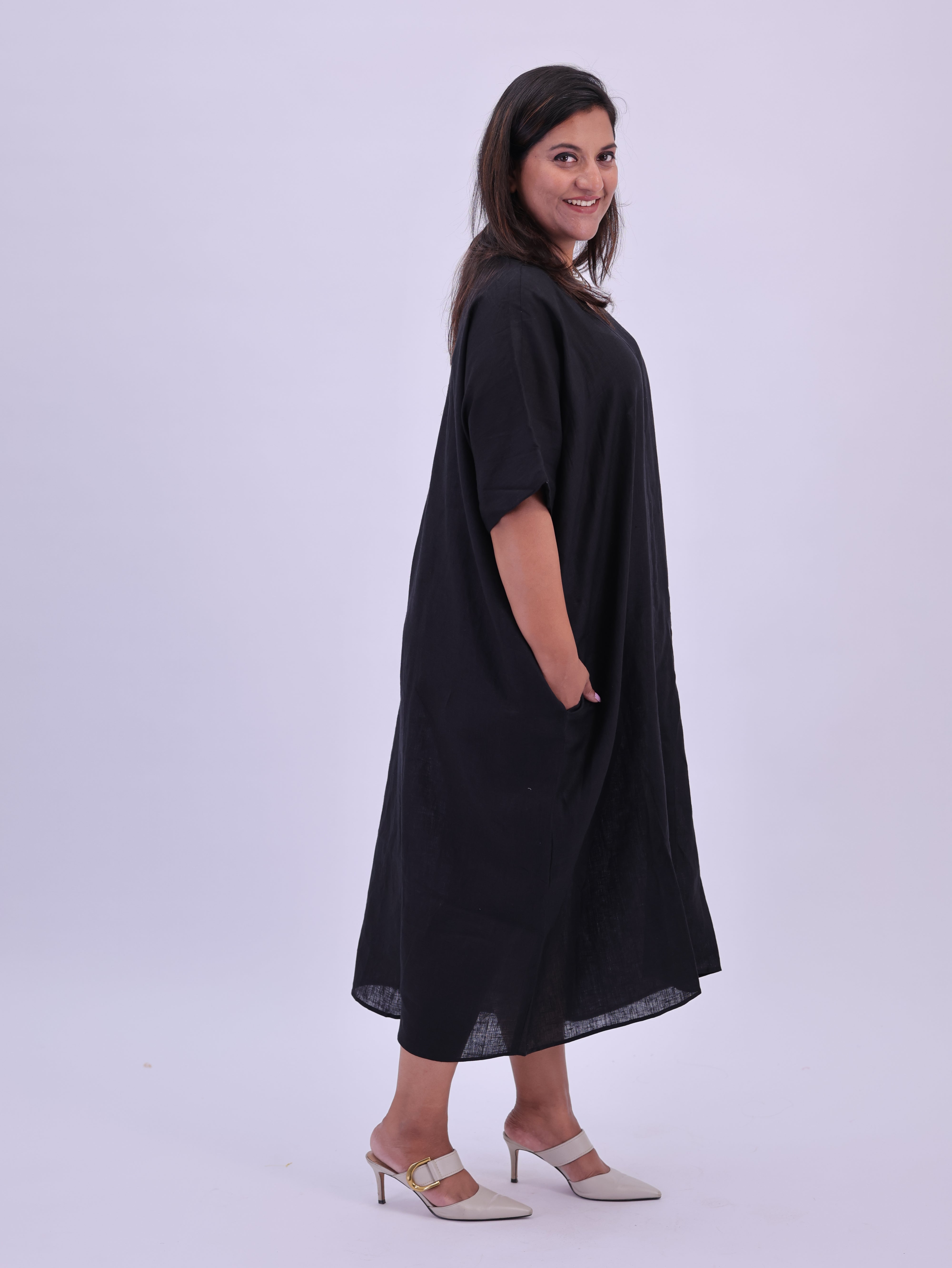 Saba Pure Linen Kaftan Dress - Black