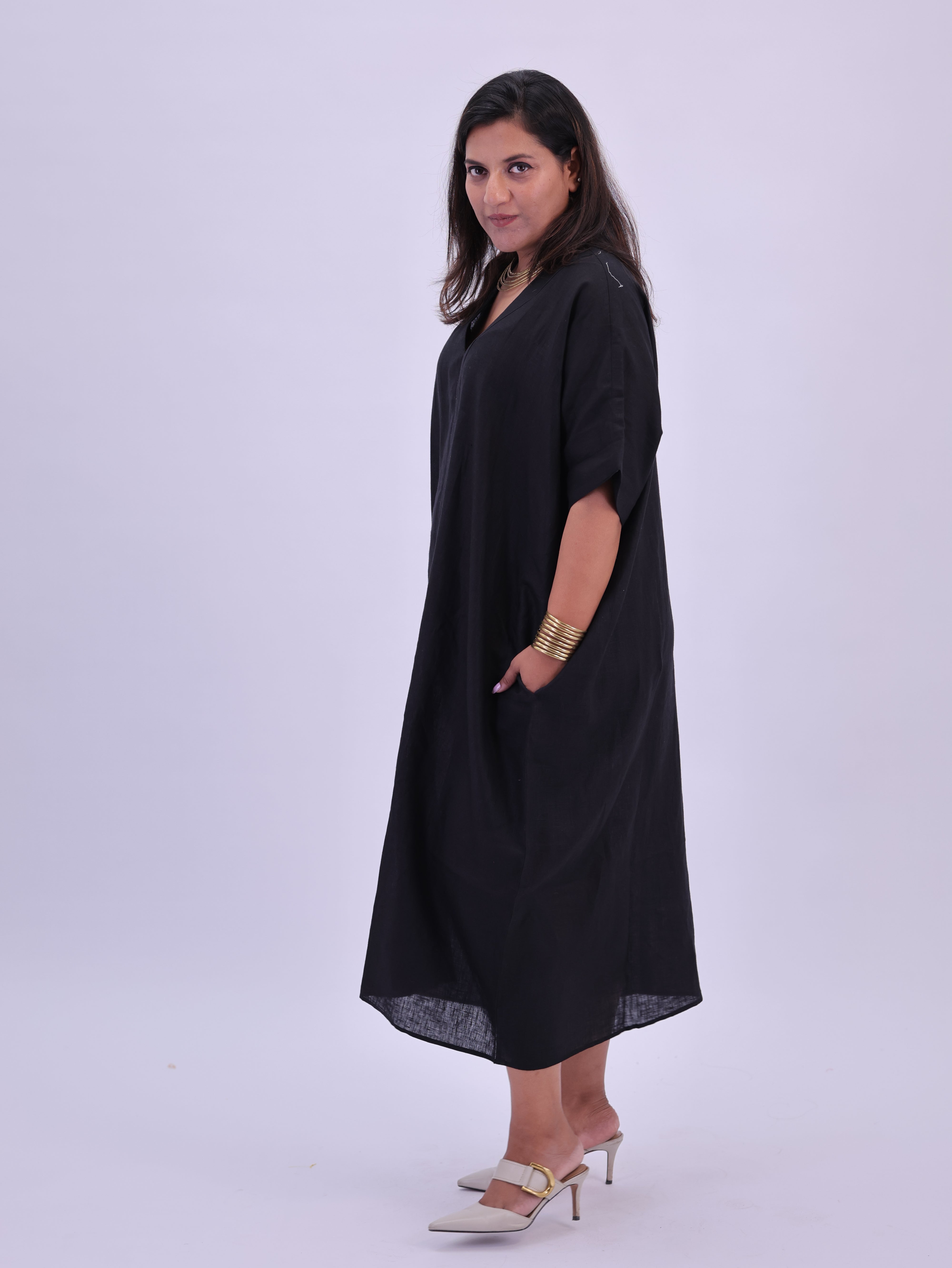 Saba Pure Linen Kaftan Dress - Black