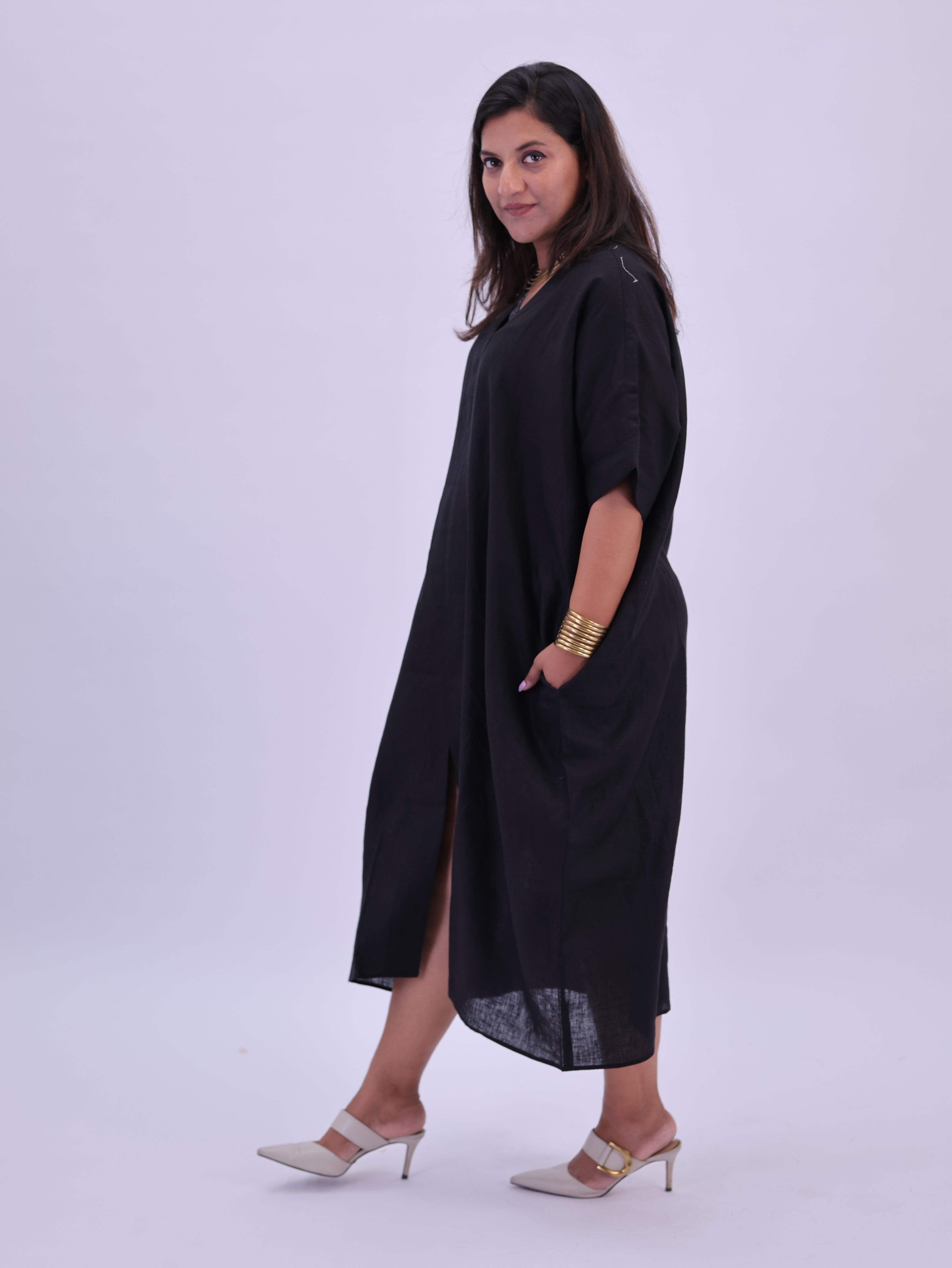 Saba Pure Linen Kaftan Dress - Black