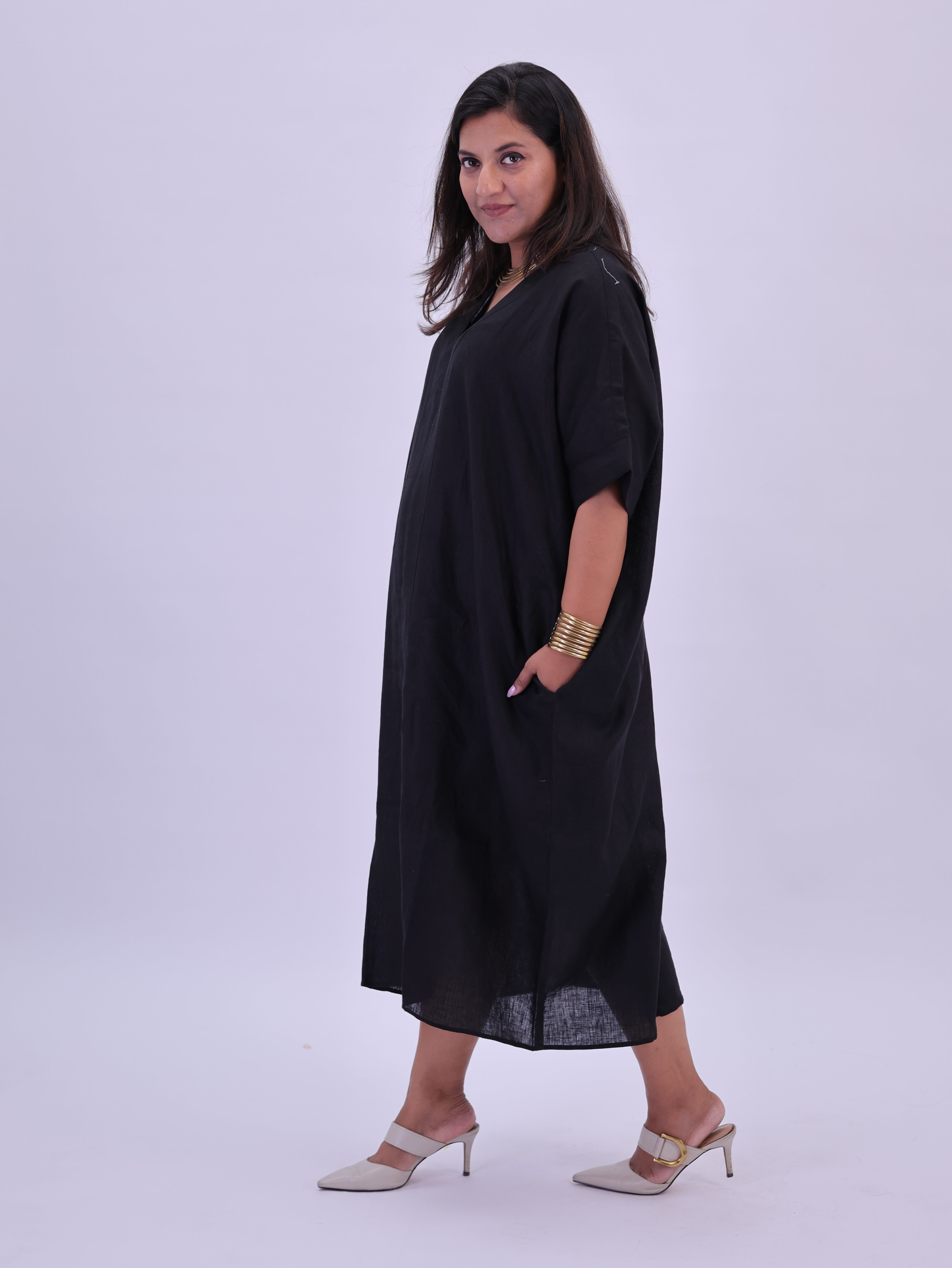 Saba Pure Linen Kaftan Dress - Black