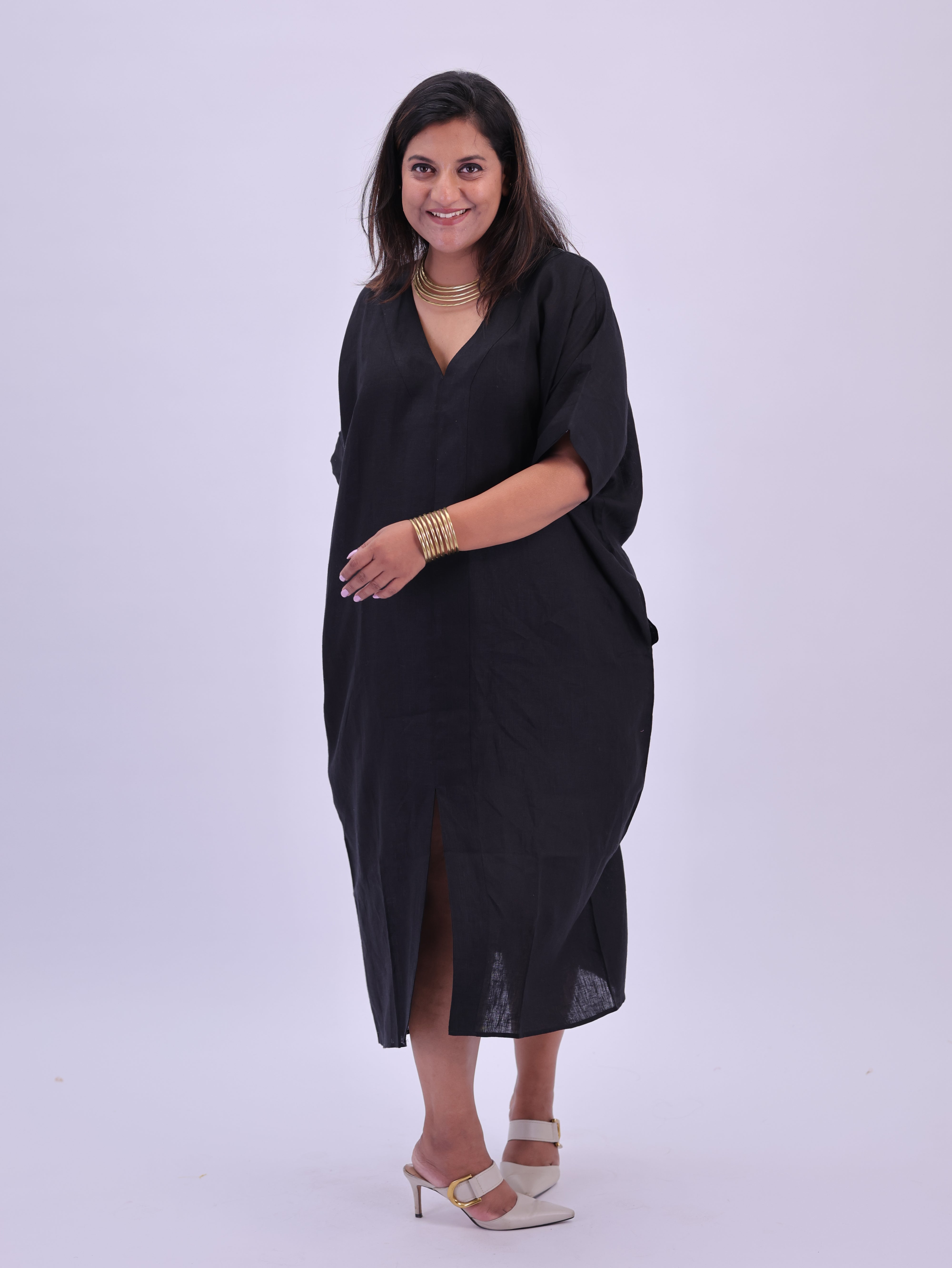 Saba Pure Linen Kaftan Dress - Black