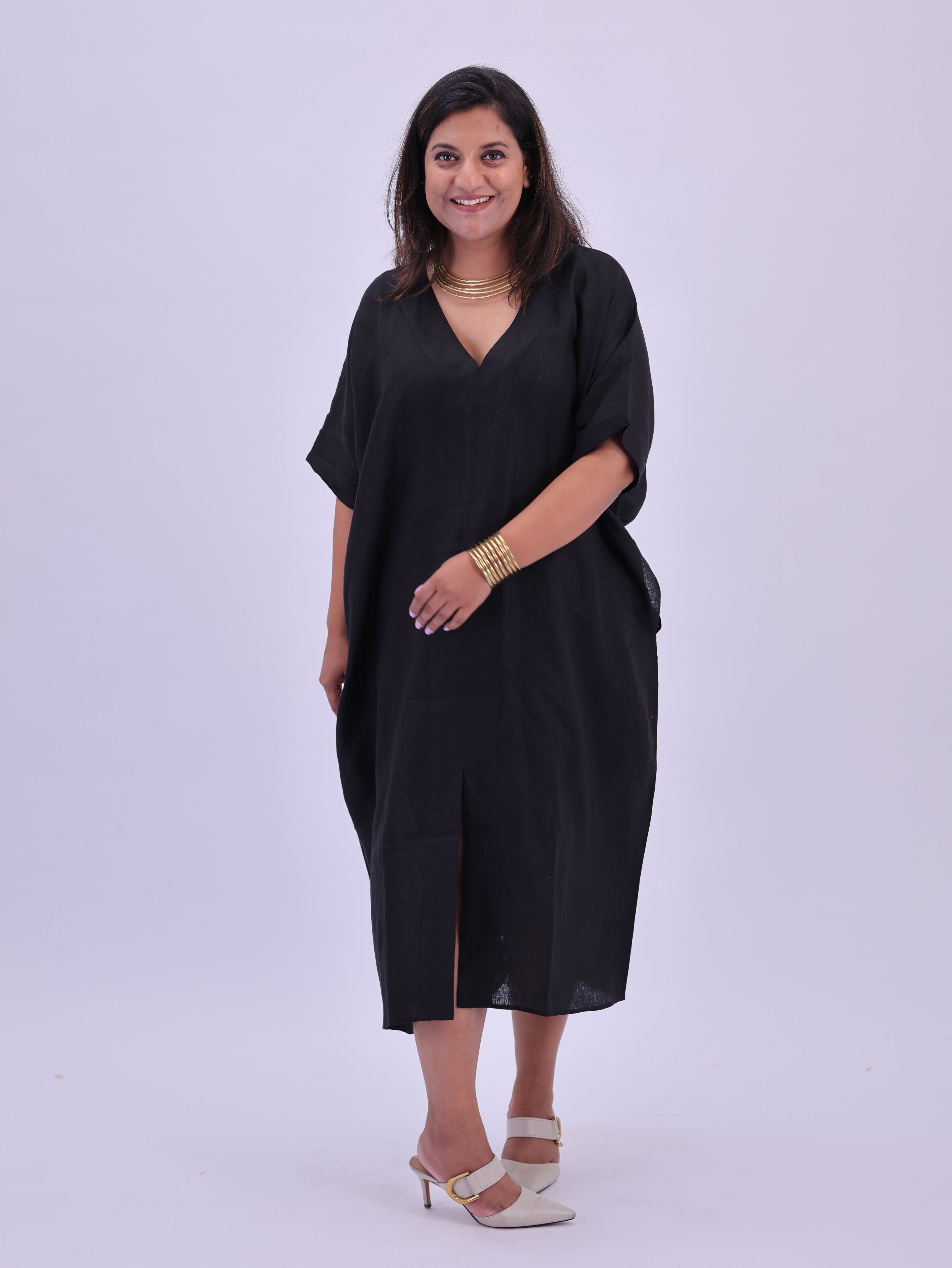 Saba Pure Linen Kaftan Dress - Black