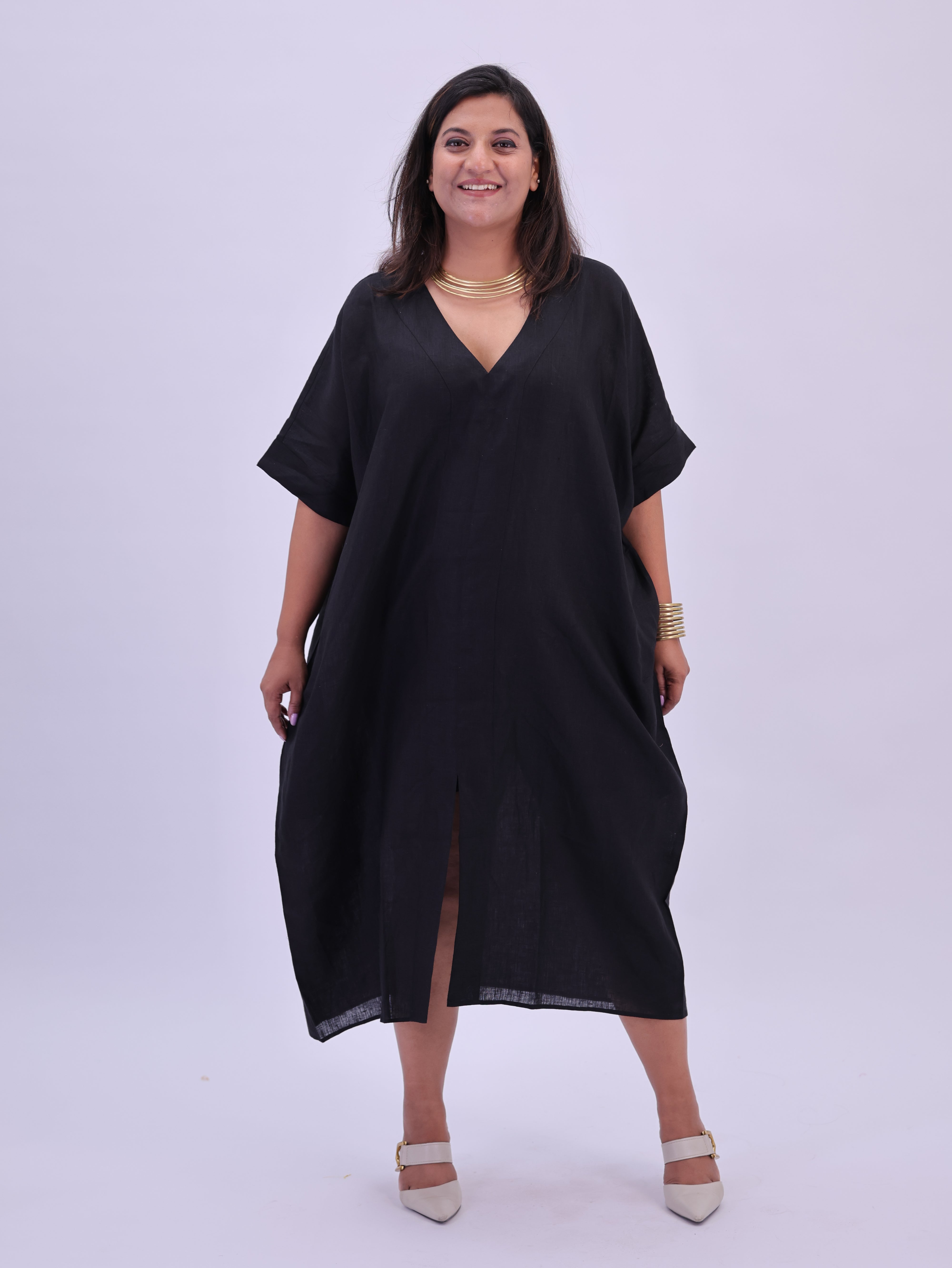 Saba Pure Linen Kaftan Dress - Black