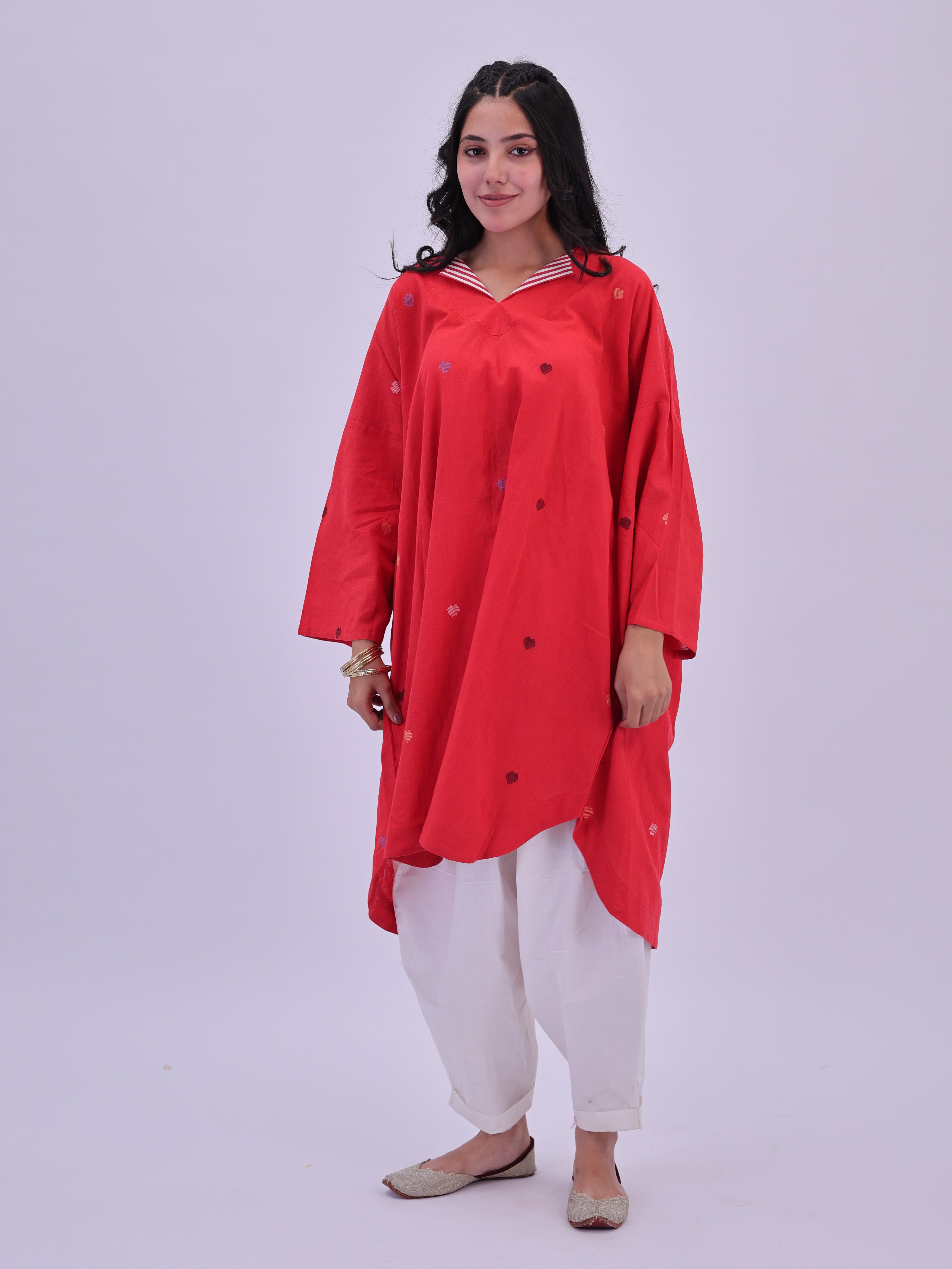 "Rumi" handloom cotton Jamdani Kurta Red