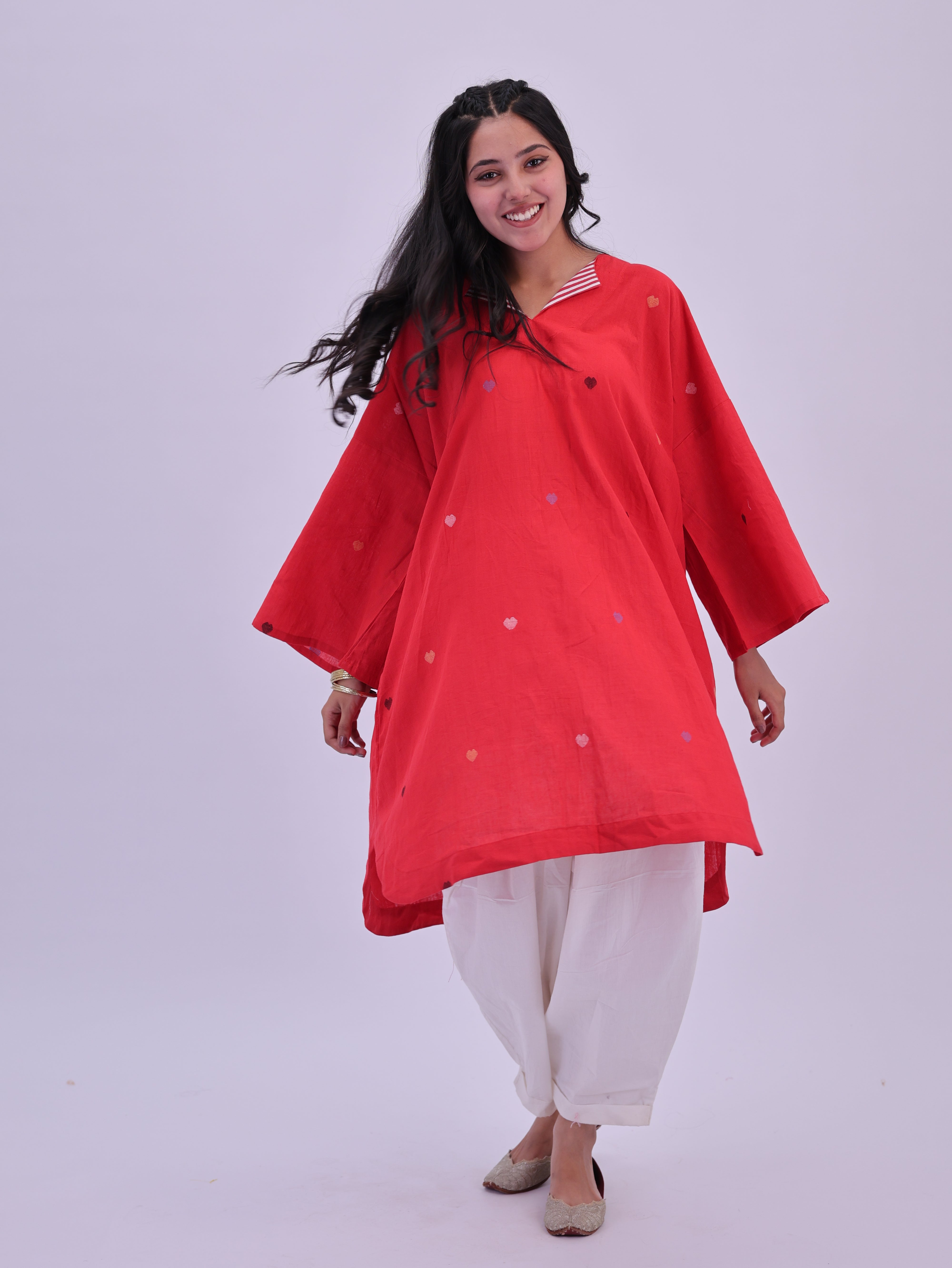 "Rumi" handloom cotton Jamdani Kurta Red