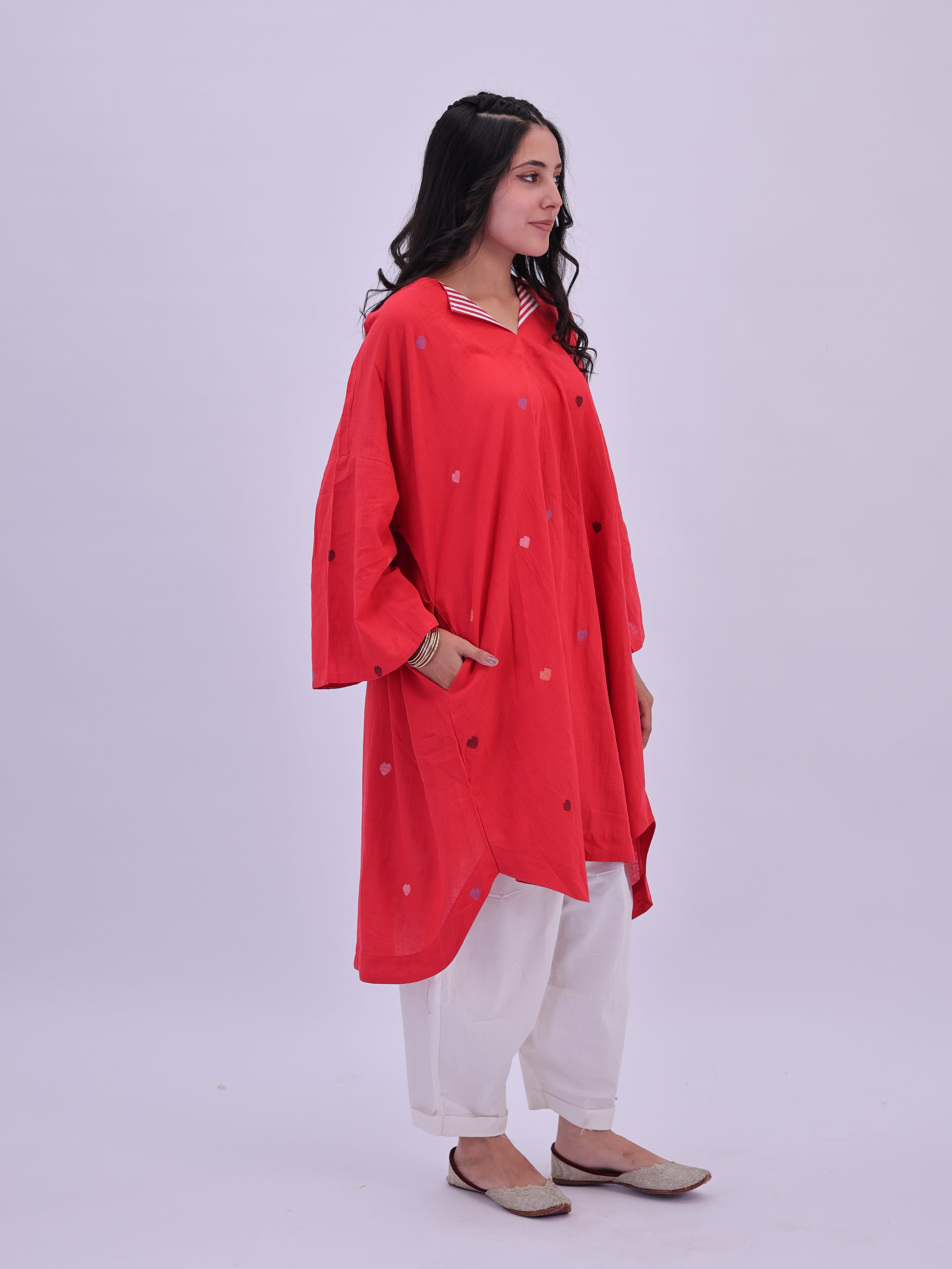 "Rumi" handloom cotton Jamdani Kurta Red