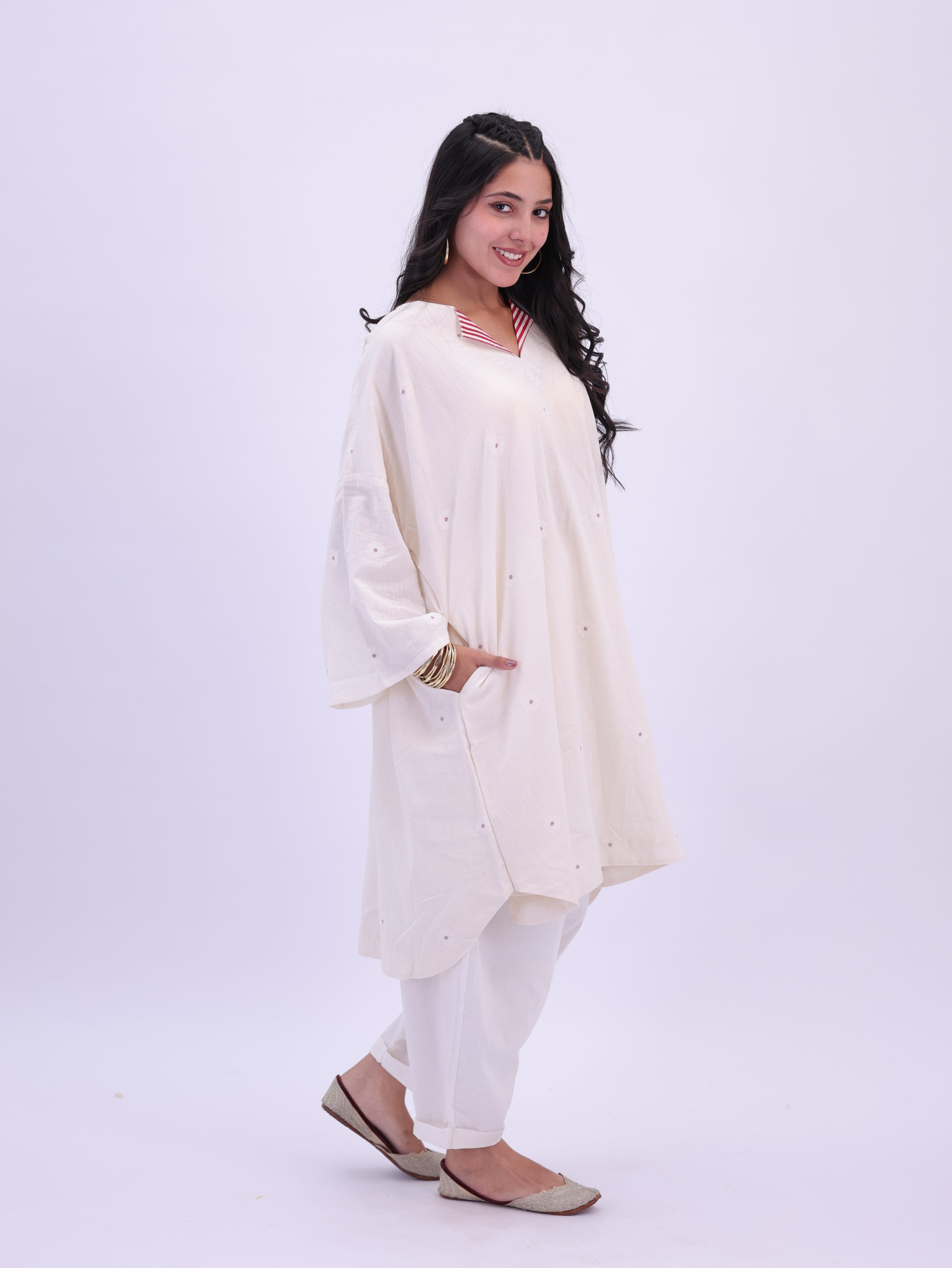 "Rumi" handloom cotton Jamdani Kurta Off white