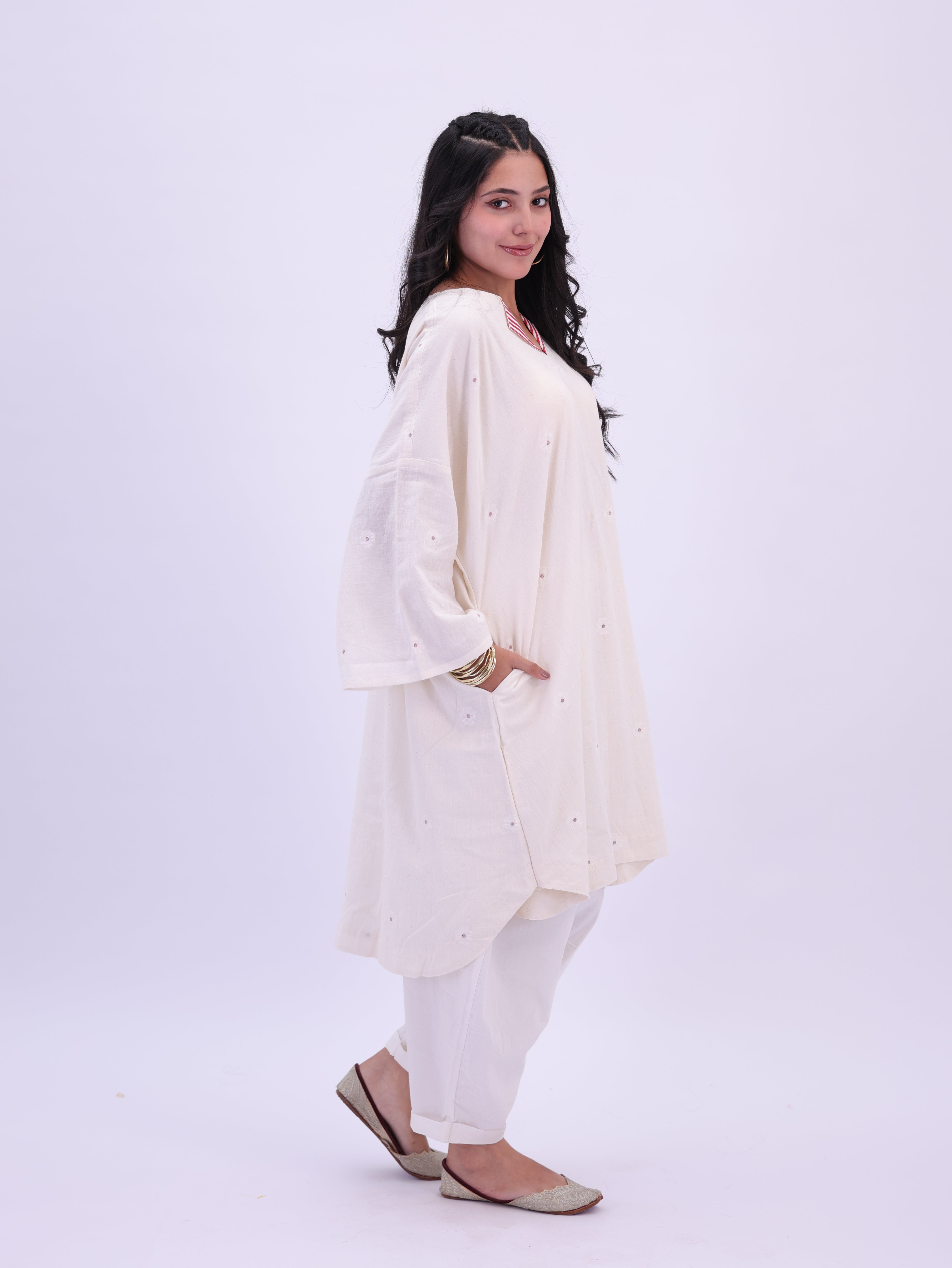 "Rumi" handloom cotton Jamdani Kurta Off white