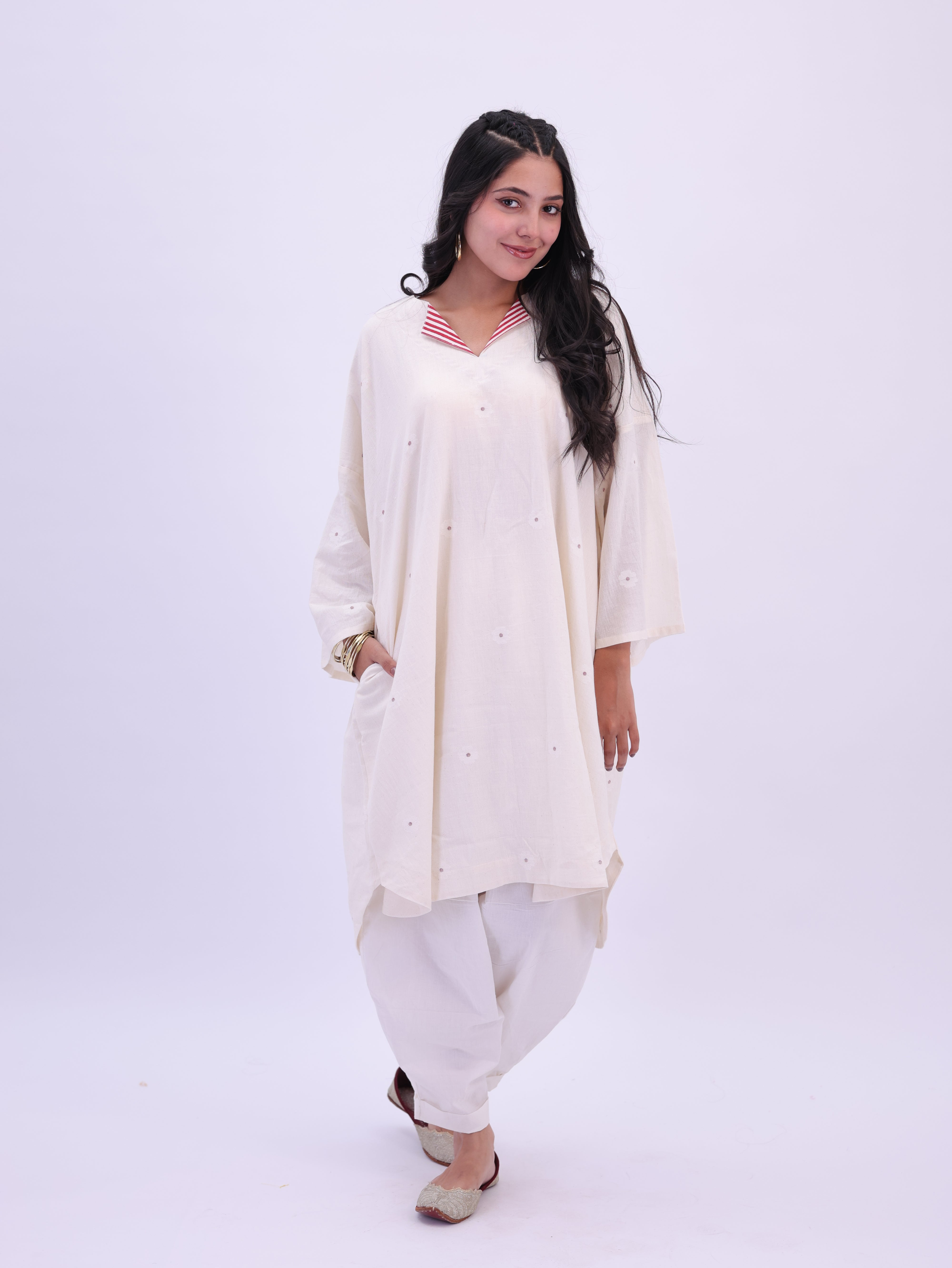 "Rumi" handloom cotton Jamdani Kurta Off white
